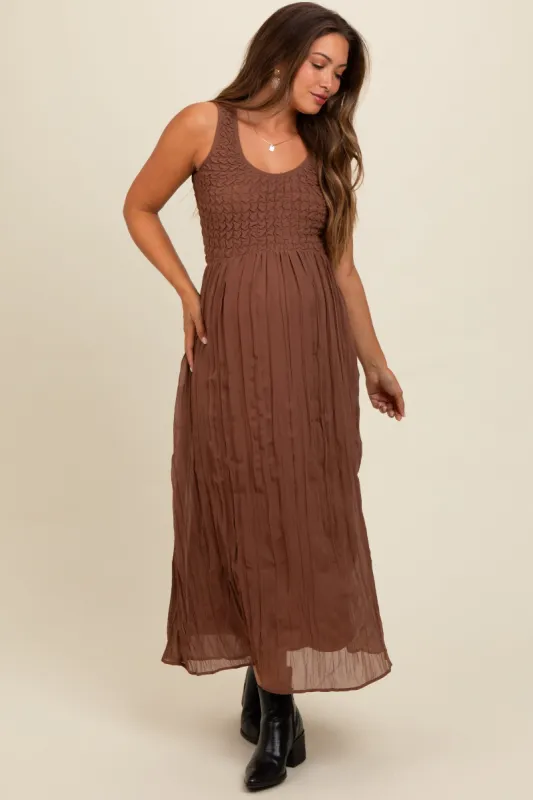 Mocha Textured Smocked Bodice Sleeveless Maternity Maxi Dress sold by Pinkblush
