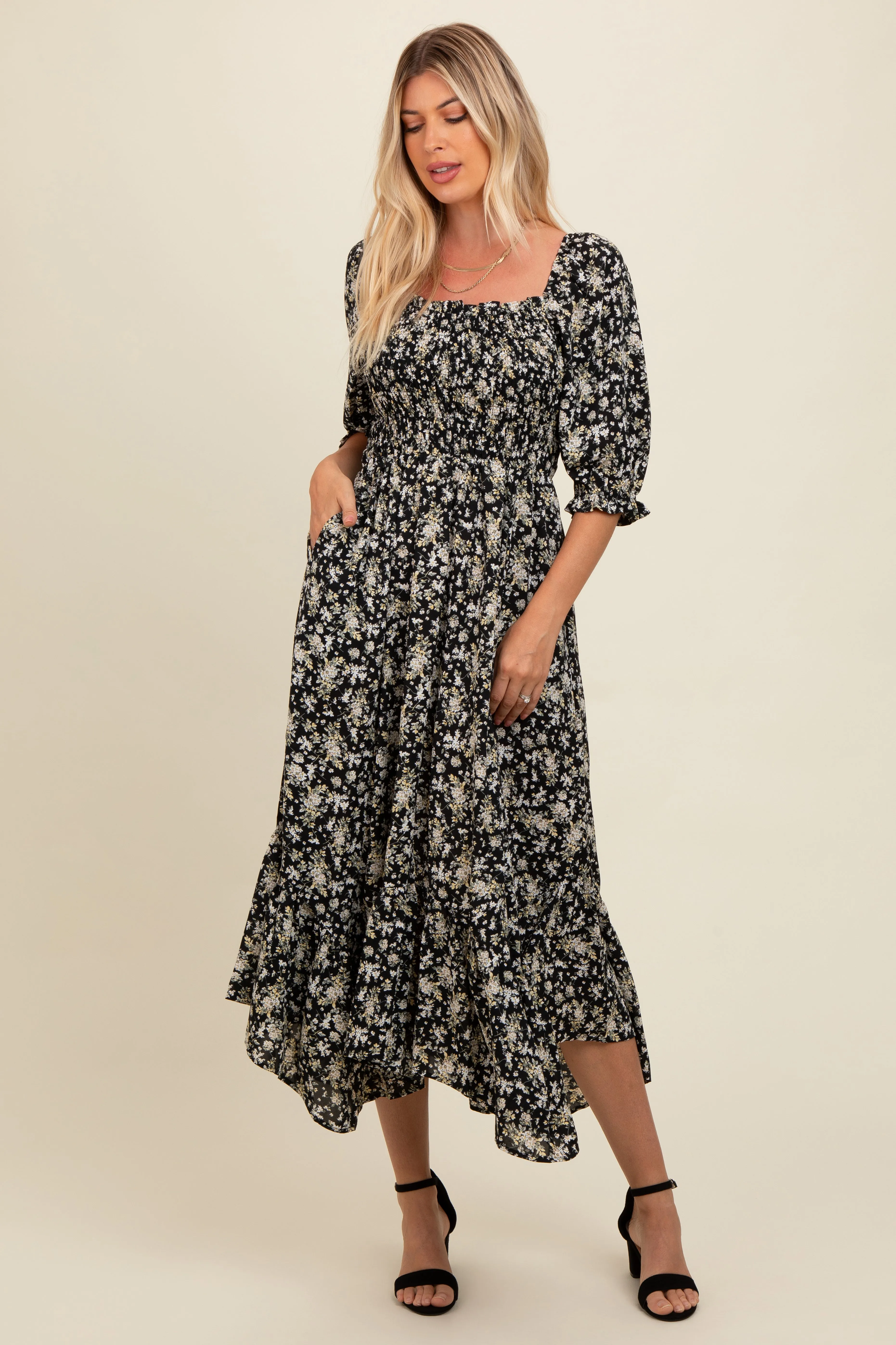 Black Smocked Handkerchief Hem Dress sold by Pinkblush