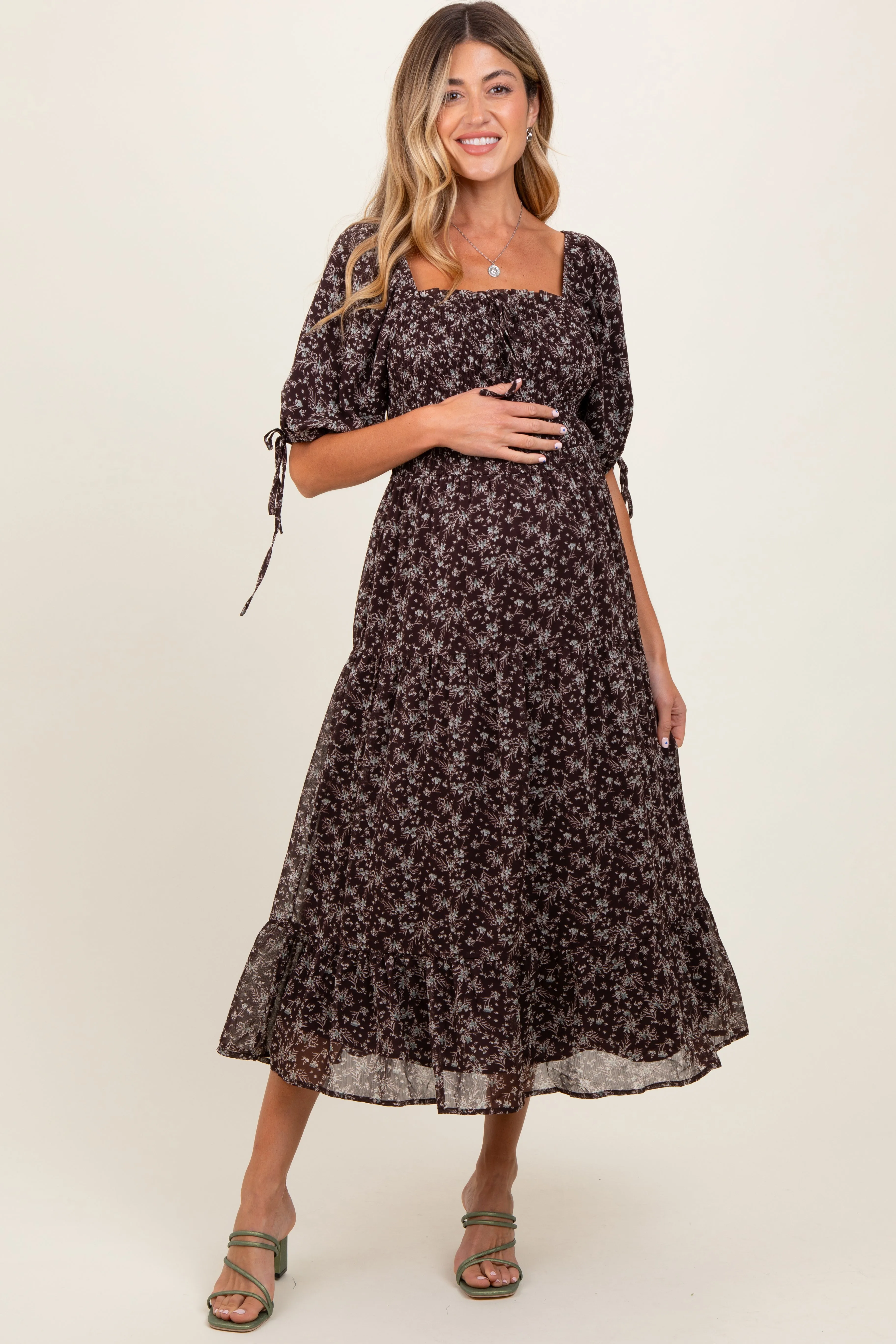 Dark Brown Floral Smocked Sleeve Tie Maternity Midi Dress sold by Pinkblush