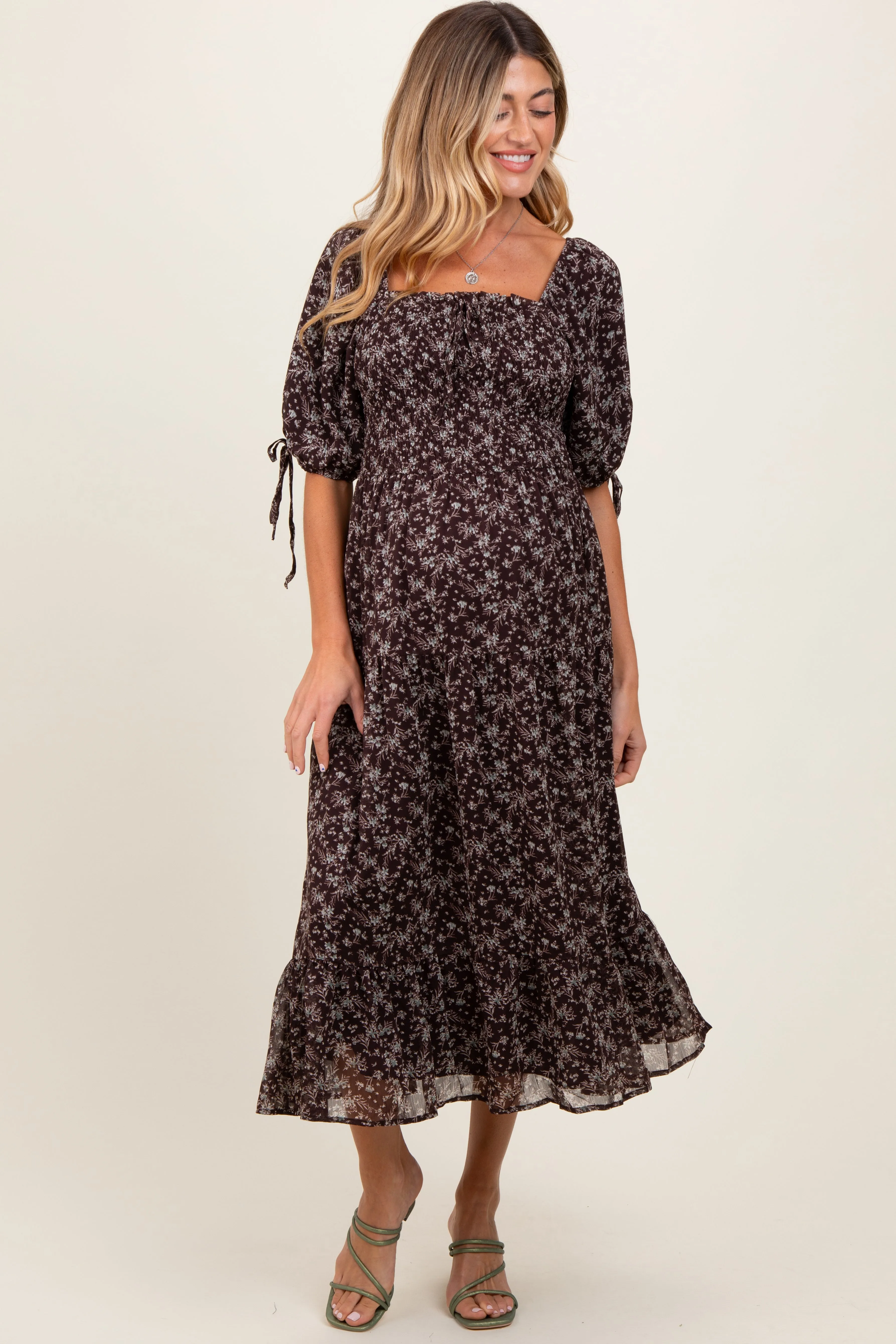 Dark Brown Floral Smocked Sleeve Tie Maternity Midi Dress sold by Pinkblush product image thumbnail 2