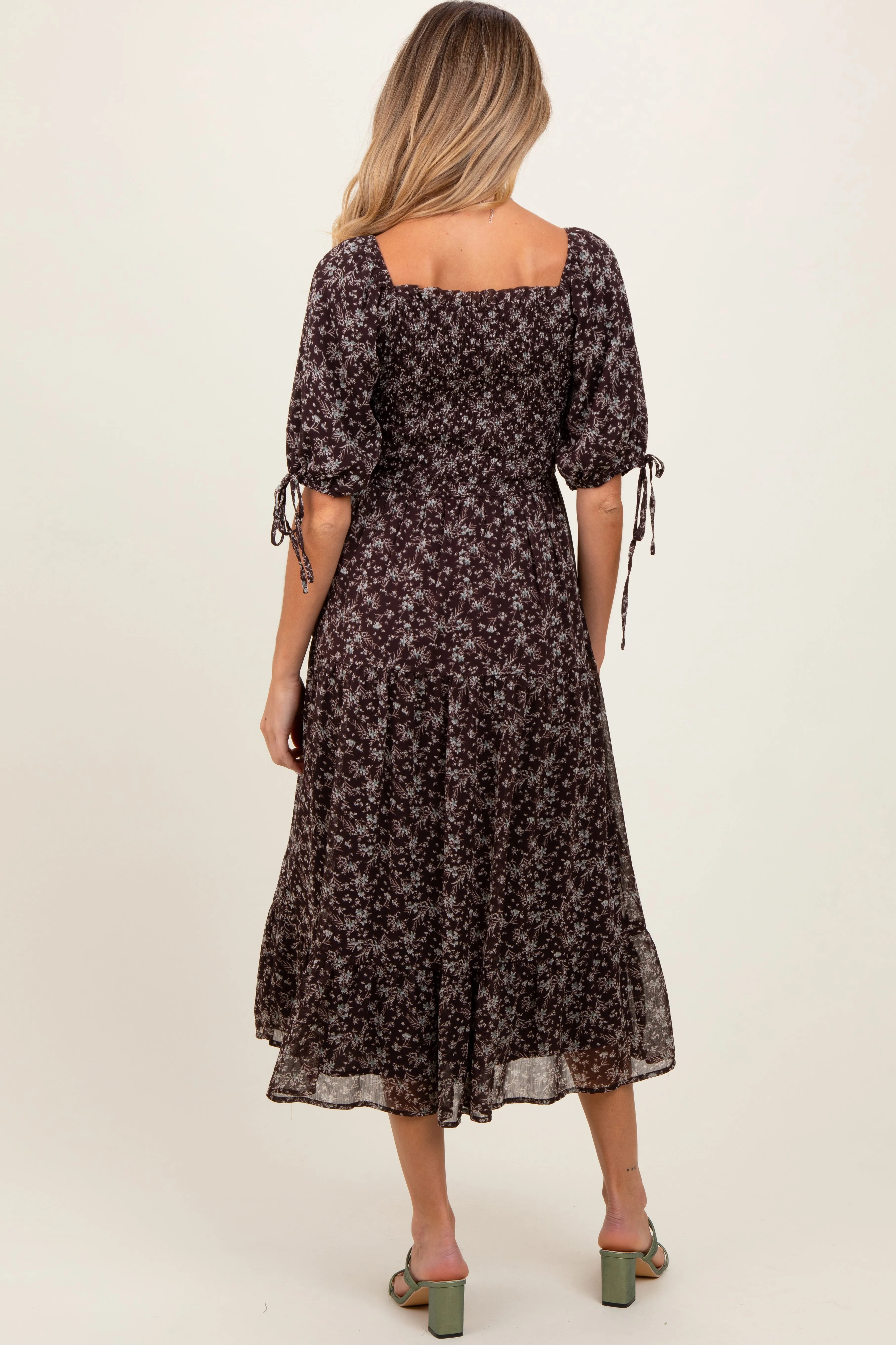 Dark Brown Floral Smocked Sleeve Tie Maternity Midi Dress sold by Pinkblush product image thumbnail 3