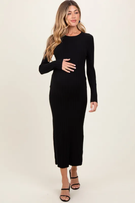 Black Ribbed Knit Fitted Maternity Midi Sweater Dress sold by Pinkblush