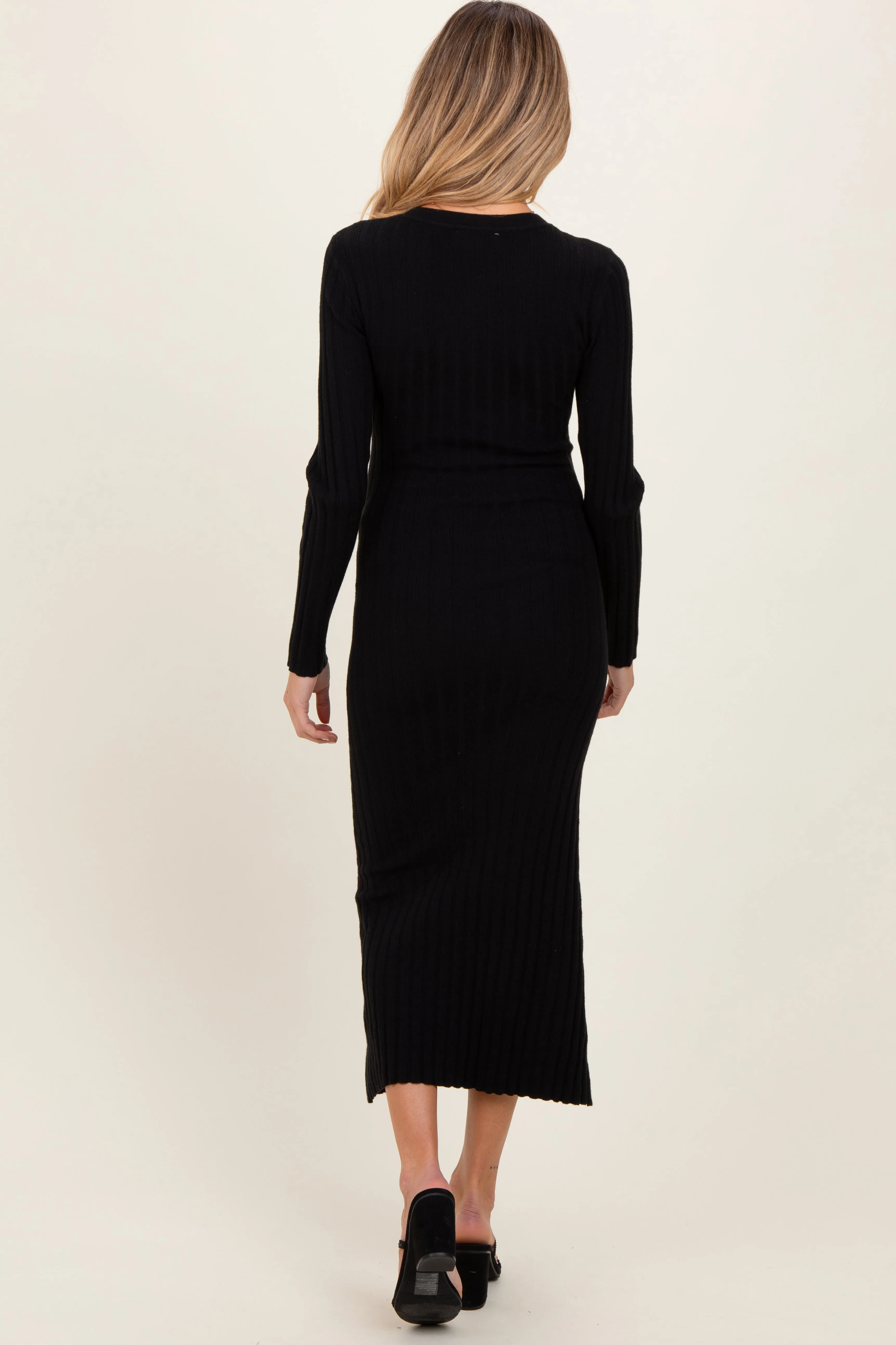 Black Ribbed Knit Fitted Maternity Midi Sweater Dress sold by Pinkblush product image thumbnail 3