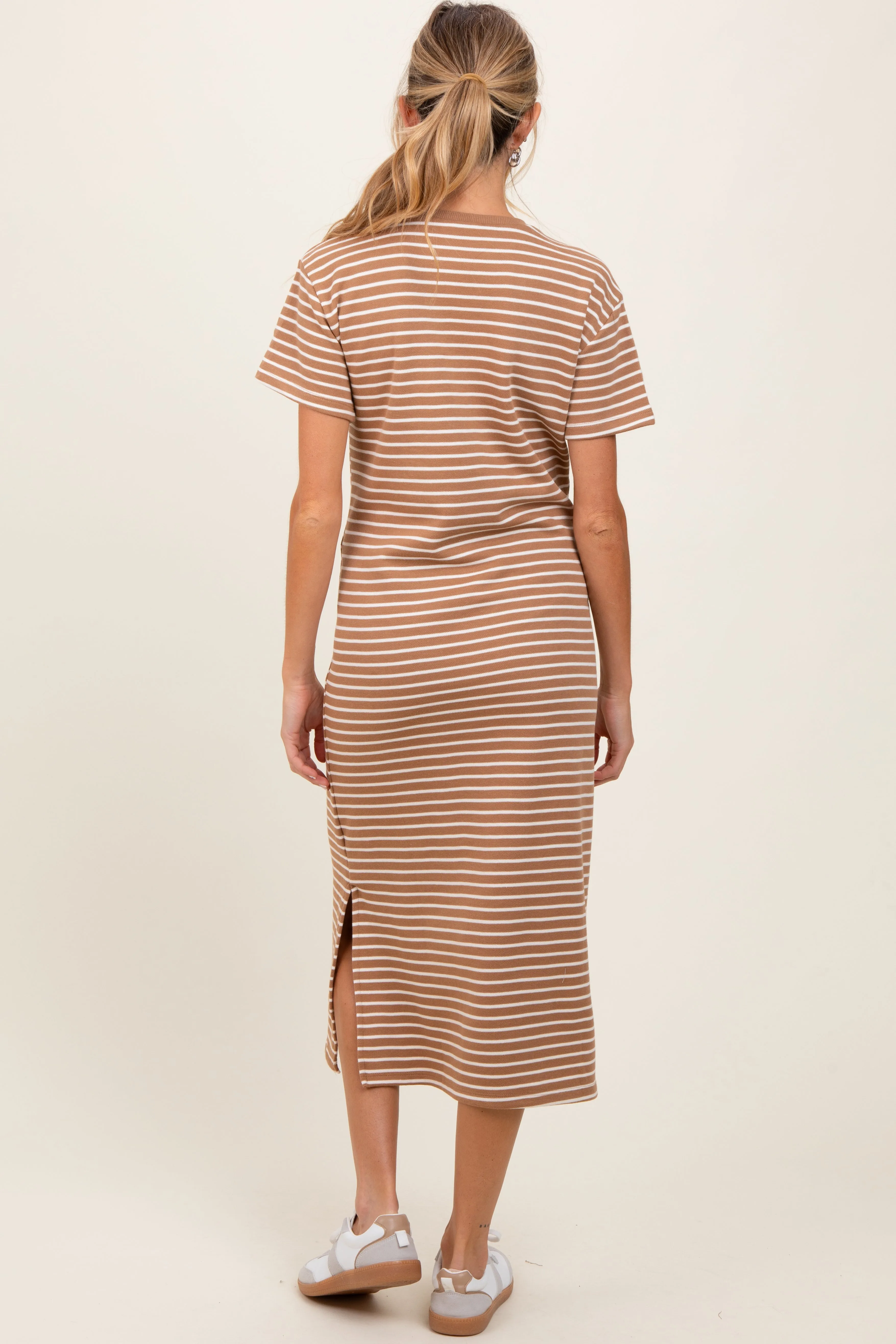 Rust Striped Short Sleeve Side Slit Maternity T-Shirt Midi Dress sold by Pinkblush product image thumbnail 3