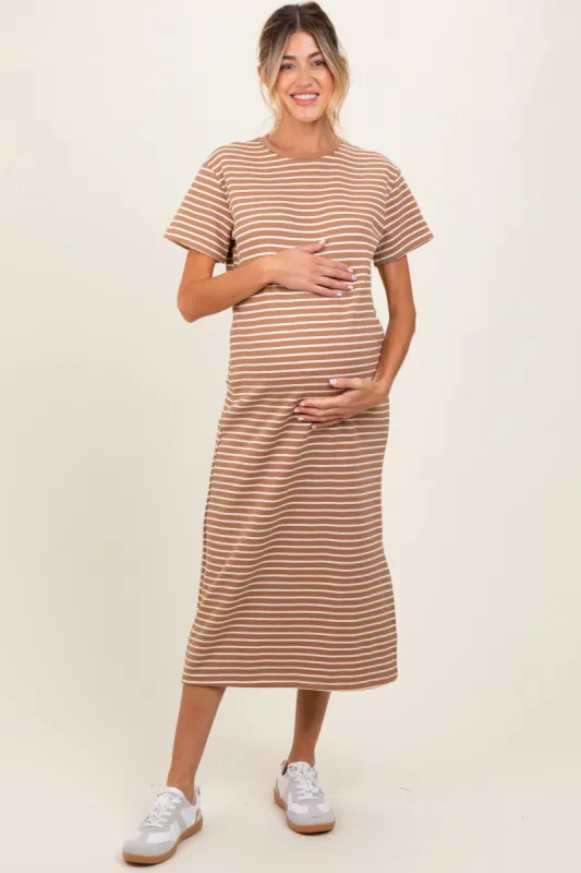 Rust Striped Short Sleeve Side Slit Maternity T-Shirt Midi Dress sold by Pinkblush