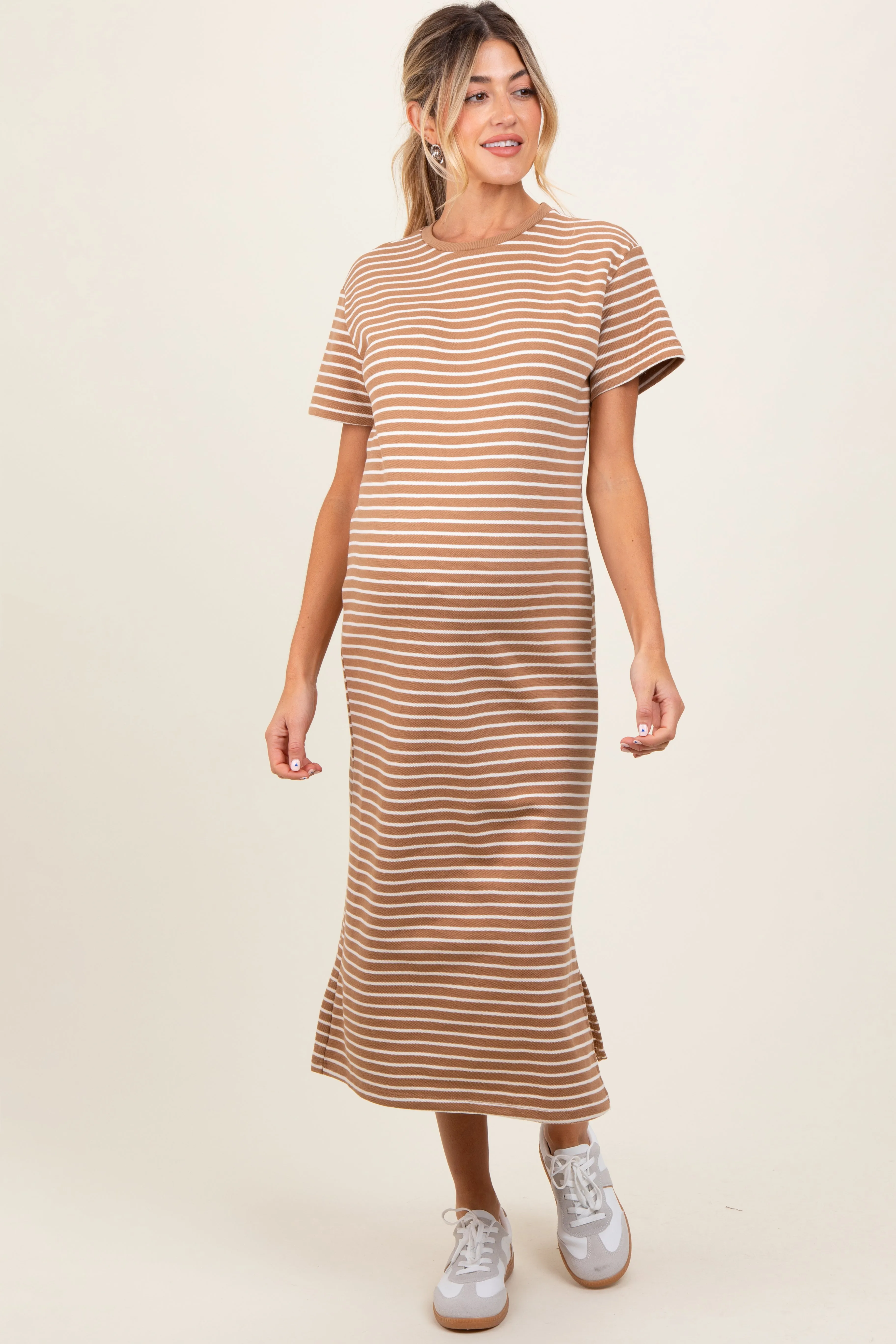 Rust Striped Short Sleeve Side Slit Maternity T-Shirt Midi Dress sold by Pinkblush product image thumbnail 2