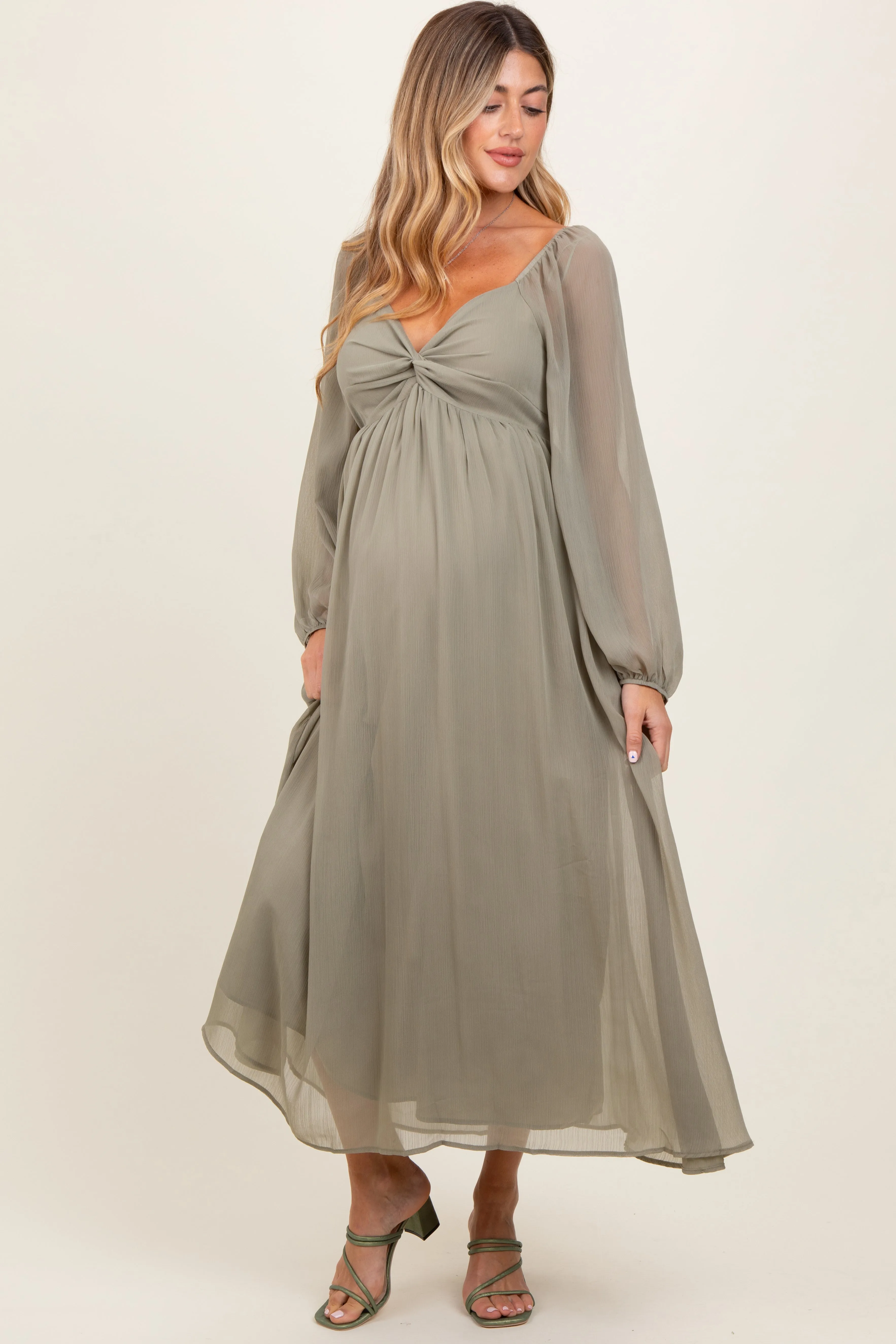 Olive Chiffon Twisted Front Maternity Midi Dress sold by Pinkblush