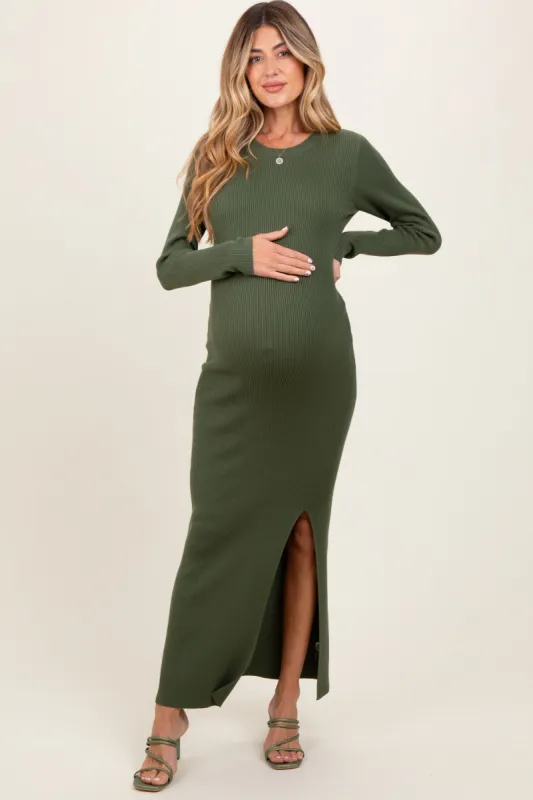 Olive Ribbed Knit Long Sleeve Side Slit Maternity Maxi Dress sold by Pinkblush