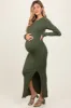 Olive Ribbed Knit Long Sleeve Side Slit Maternity Maxi Dress sold by Pinkblush