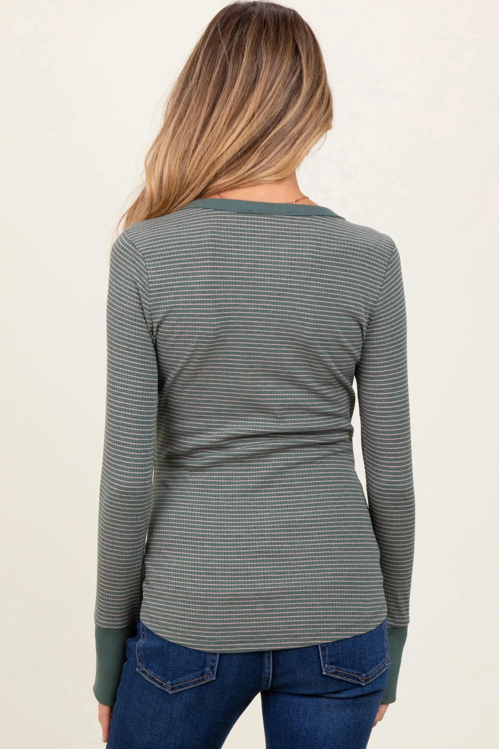Forest Green Striped Snap Button Henley Maternity Top sold by Pinkblush product image thumbnail 4