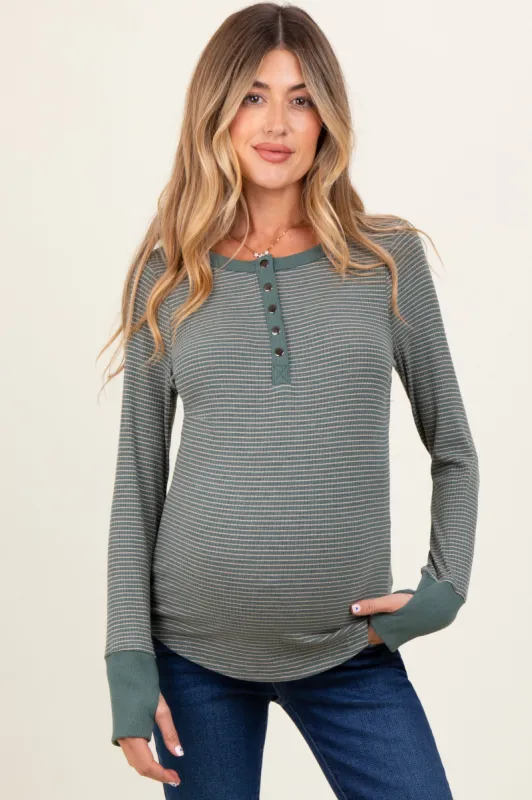 Forest Green Striped Snap Button Henley Maternity Top sold by Pinkblush