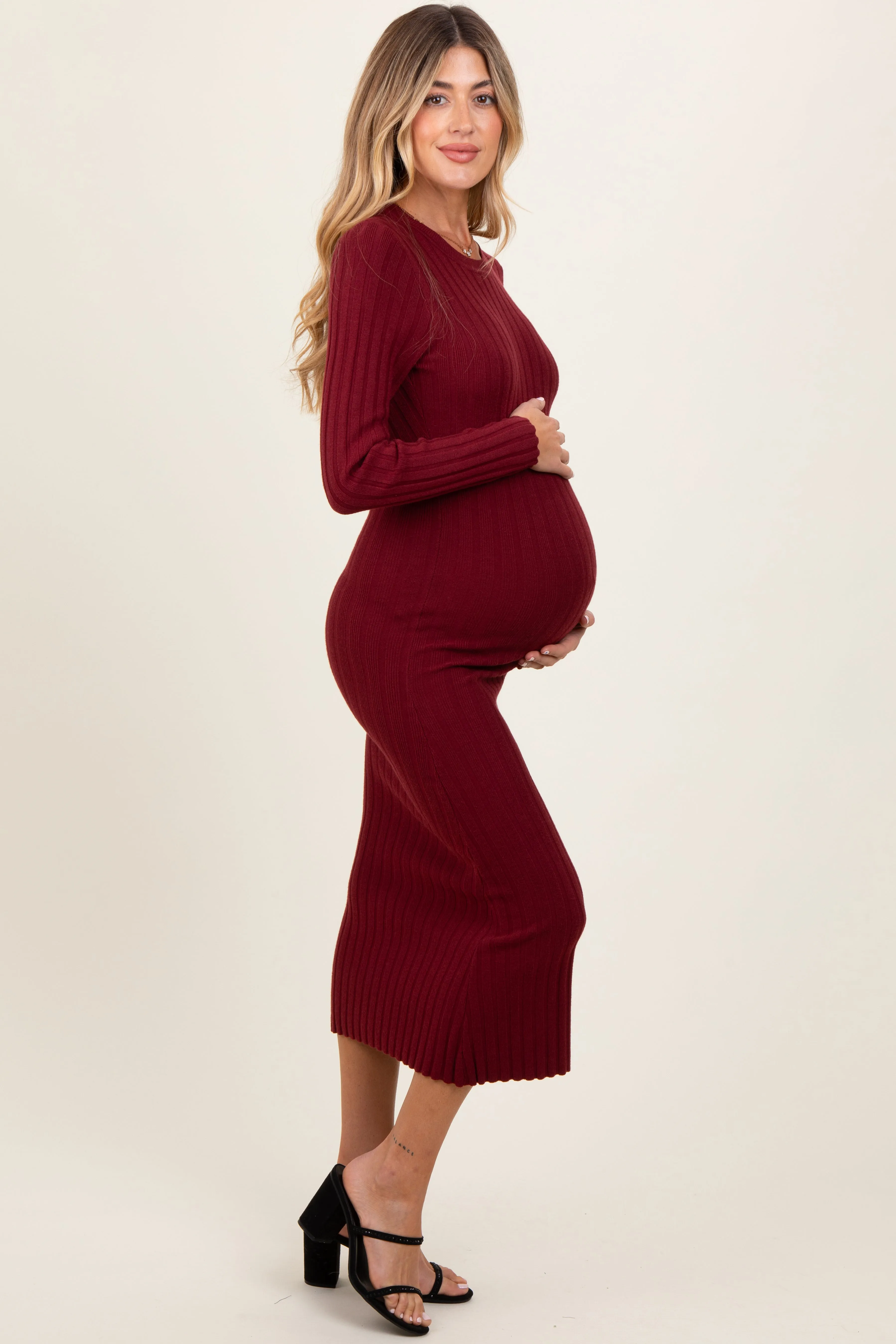 Burgundy Ribbed Knit Fitted Maternity Midi Sweater Dress sold by Pinkblush product image thumbnail 3