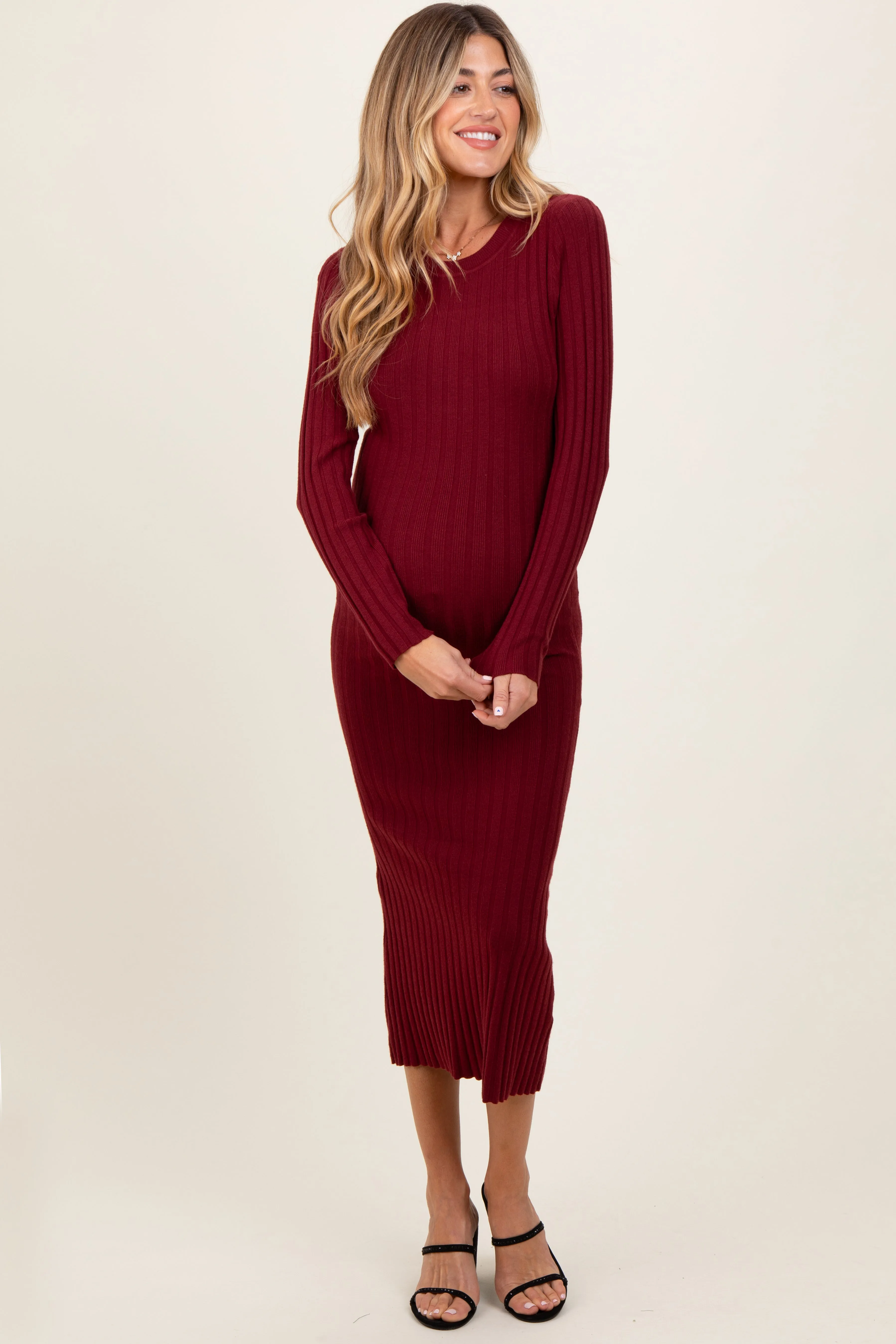 Burgundy Ribbed Knit Fitted Maternity Midi Sweater Dress sold by Pinkblush