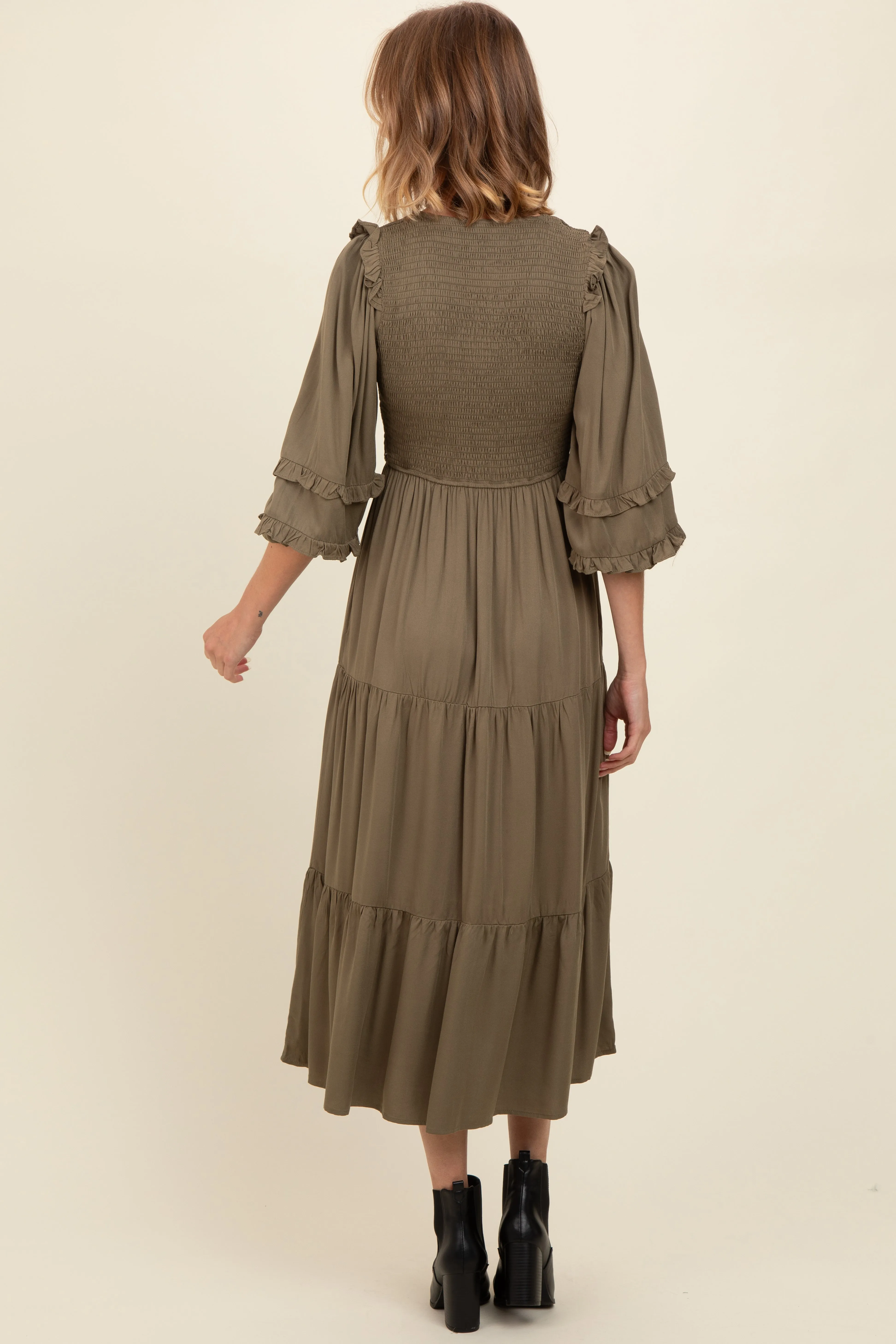 Olive Smocked Ruffle Shoulder Tiered Midi Dress sold by Pinkblush product image thumbnail 2