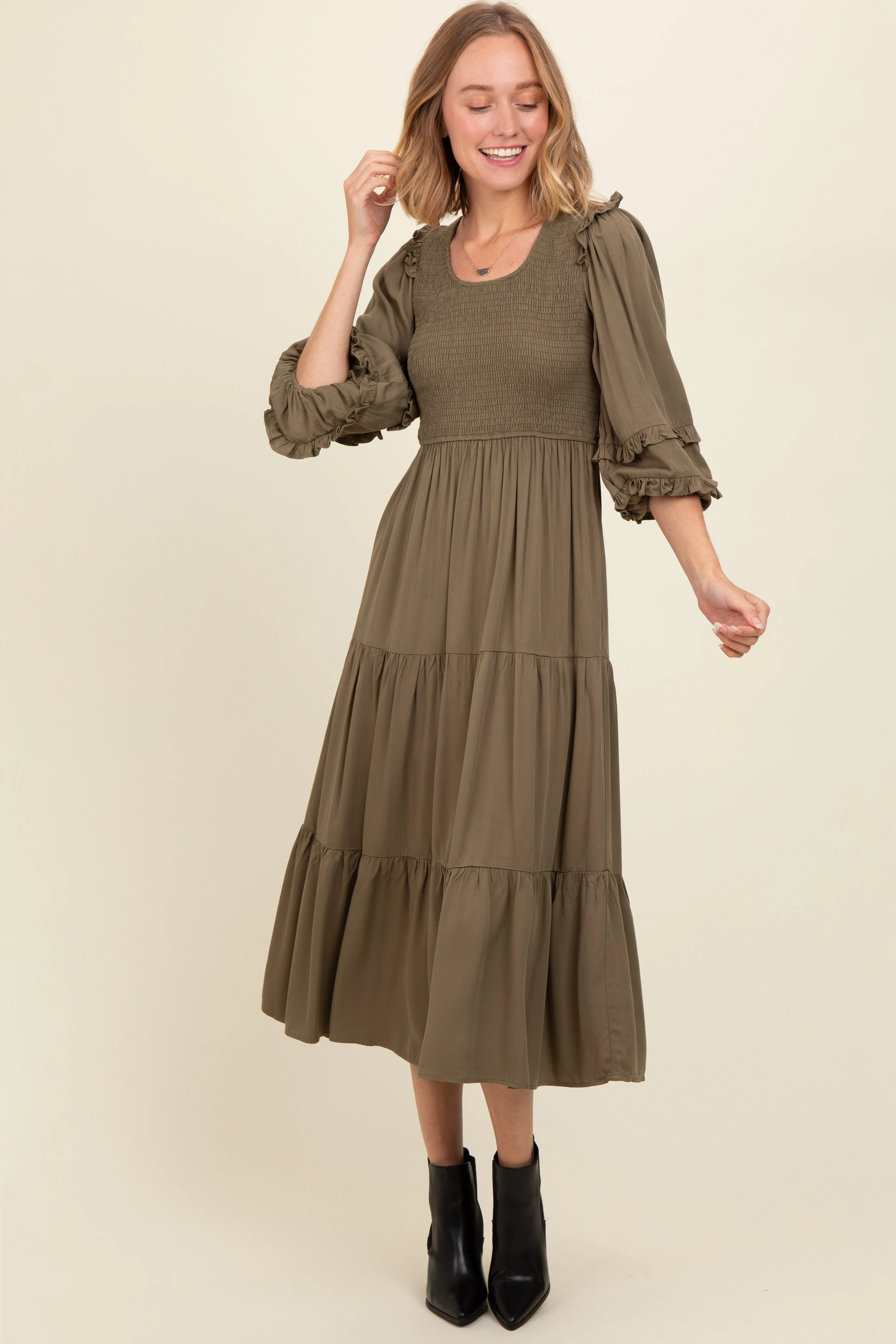 Olive Smocked Ruffle Shoulder Tiered Midi Dress sold by Pinkblush product image thumbnail 3