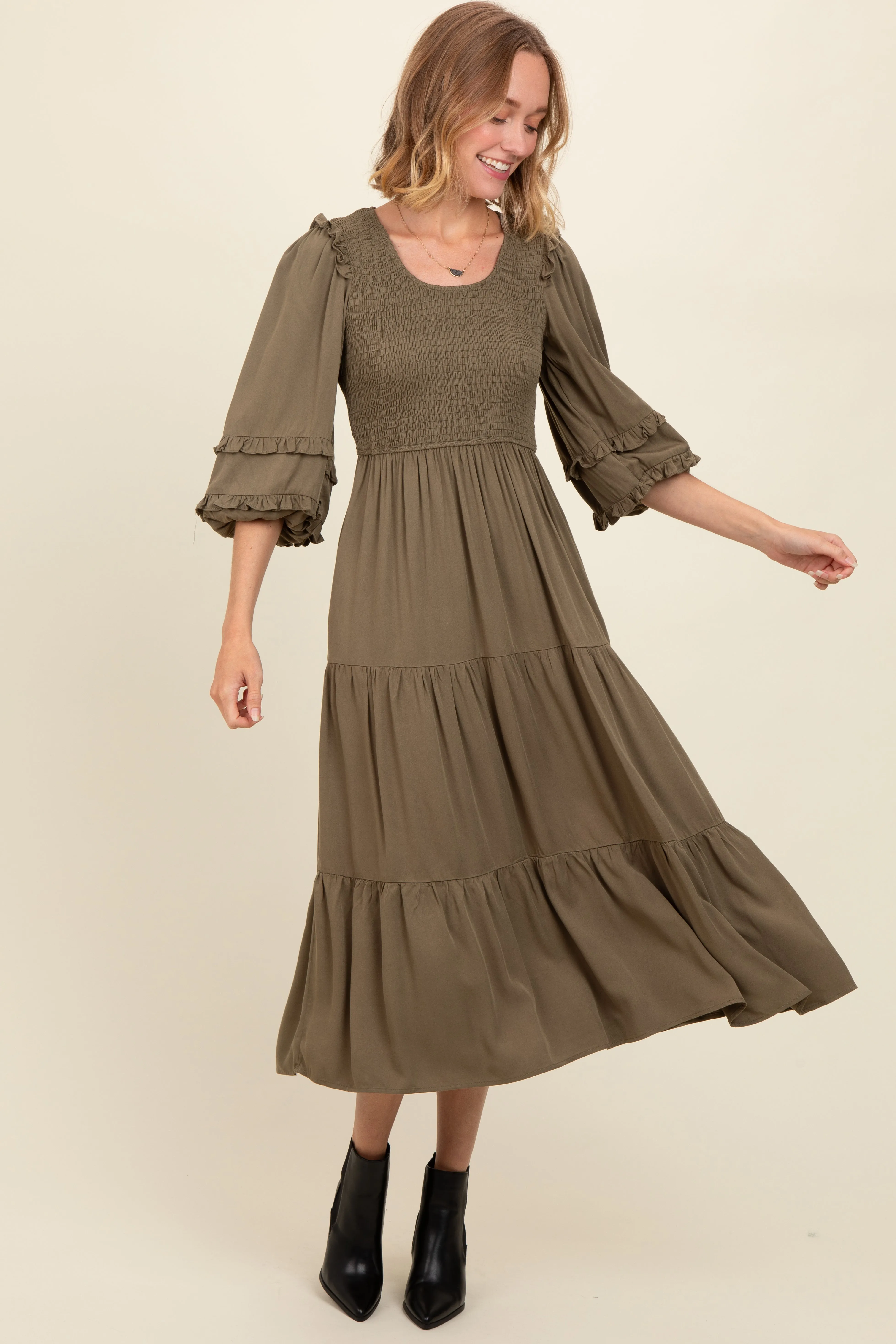 Olive Smocked Ruffle Shoulder Tiered Midi Dress sold by Pinkblush