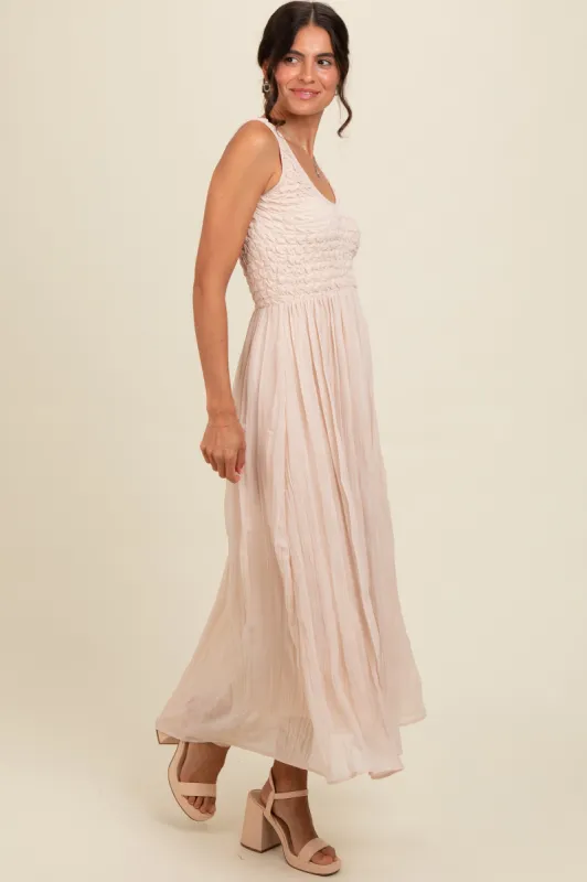 Cream Textured Smocked Bodice Sleeveless Maxi Dress sold by Pinkblush