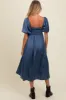 Blue Satin Pleated Bodice Puff Sleeve Maternity Midi Dress sold by Pinkblush