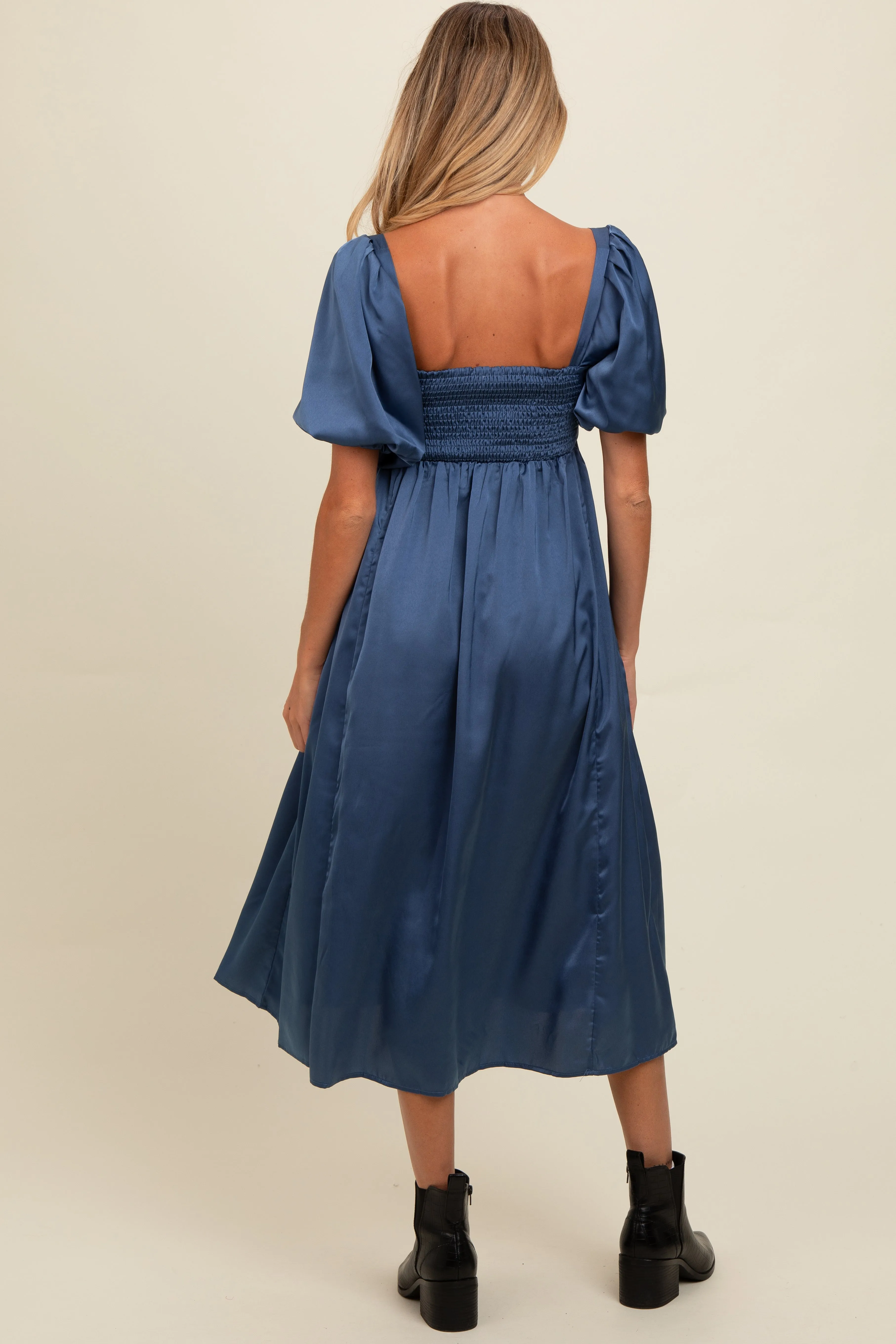 Blue Satin Pleated Bodice Puff Sleeve Maternity Midi Dress sold by Pinkblush product image thumbnail 4
