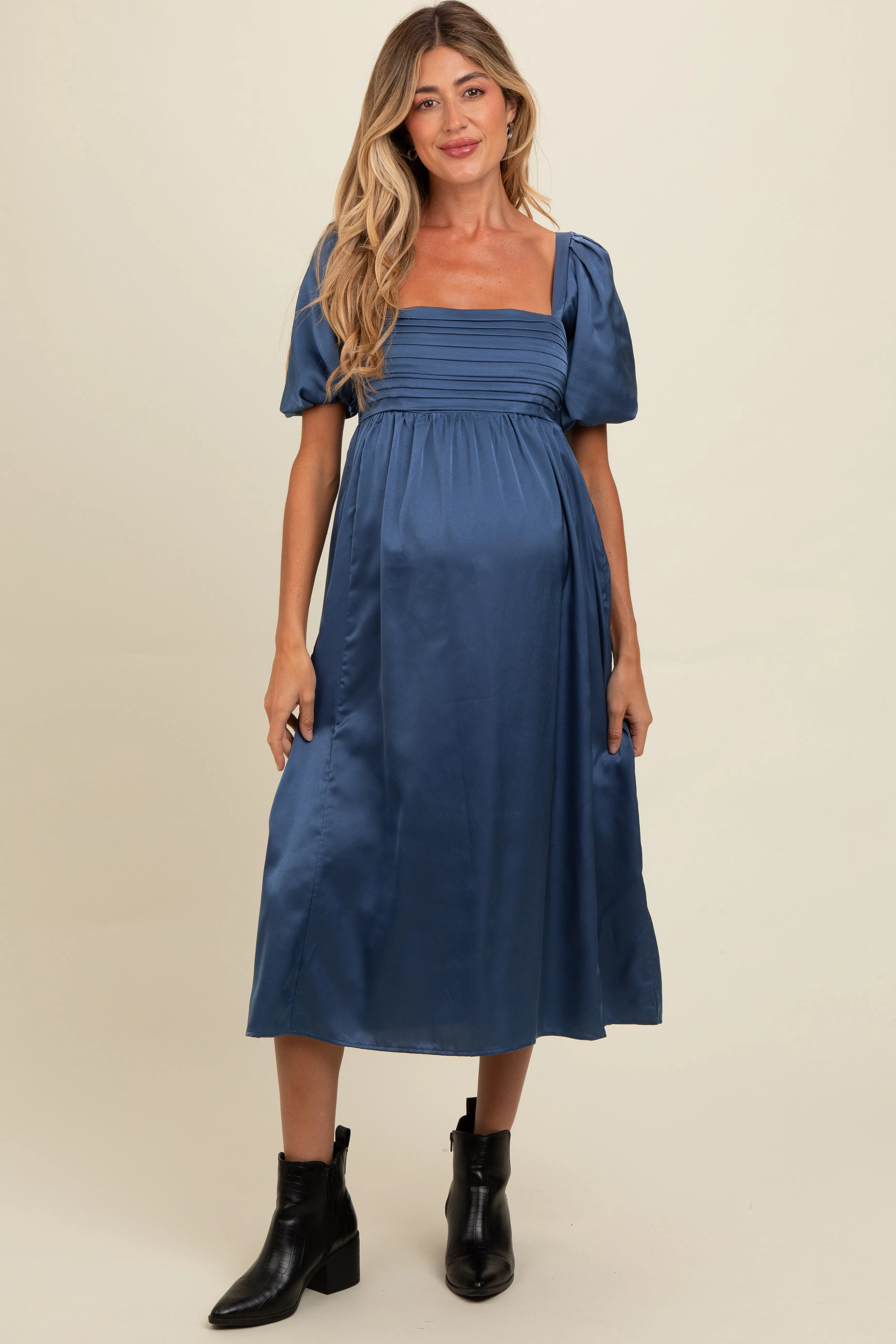 Blue Satin Pleated Bodice Puff Sleeve Maternity Midi Dress sold by Pinkblush