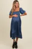 Blue Satin Pleated Bodice Puff Sleeve Maternity Midi Dress sold by Pinkblush