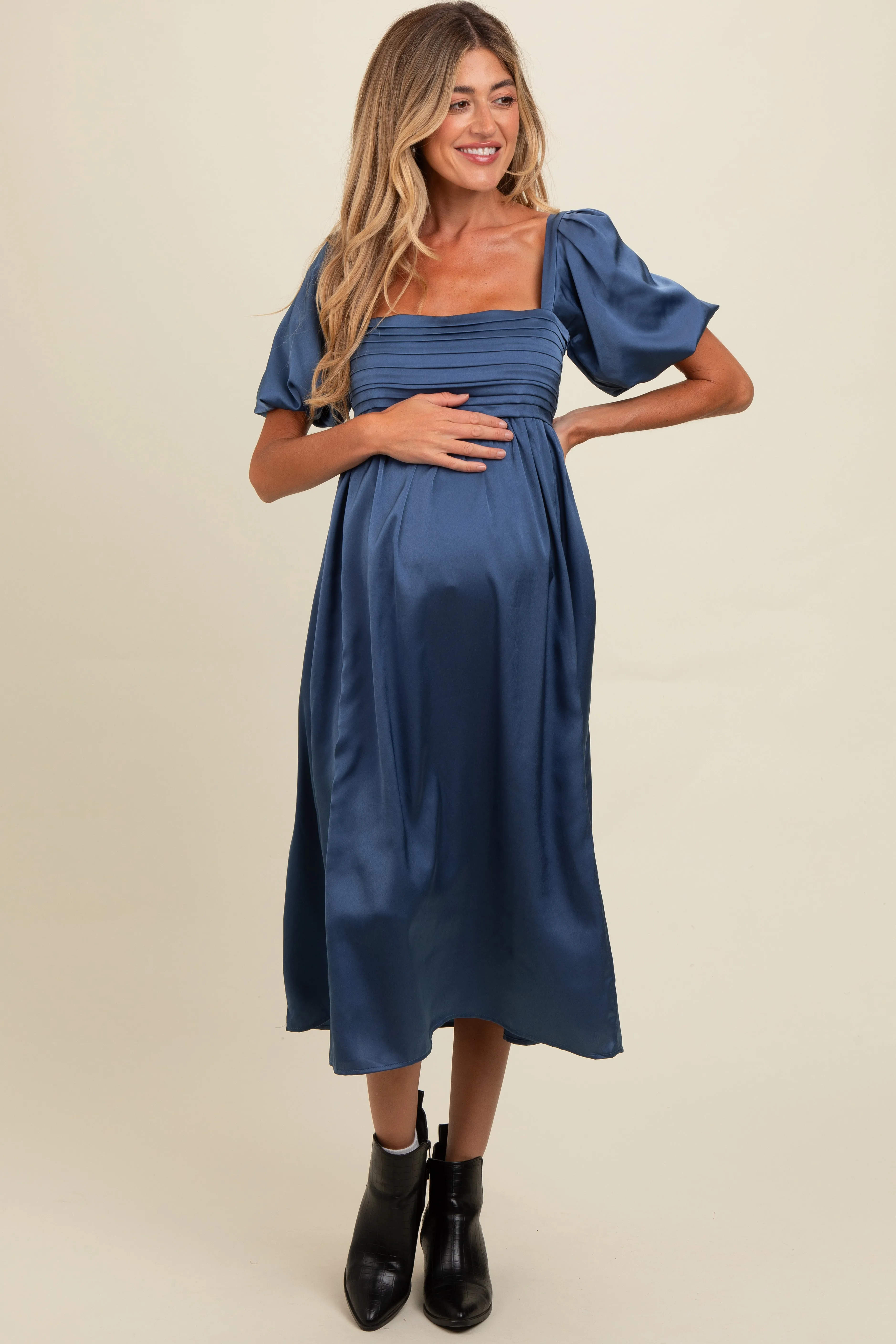 Blue Satin Pleated Bodice Puff Sleeve Maternity Midi Dress sold by Pinkblush product image thumbnail 2