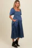 Blue Satin Pleated Bodice Puff Sleeve Maternity Midi Dress sold by Pinkblush