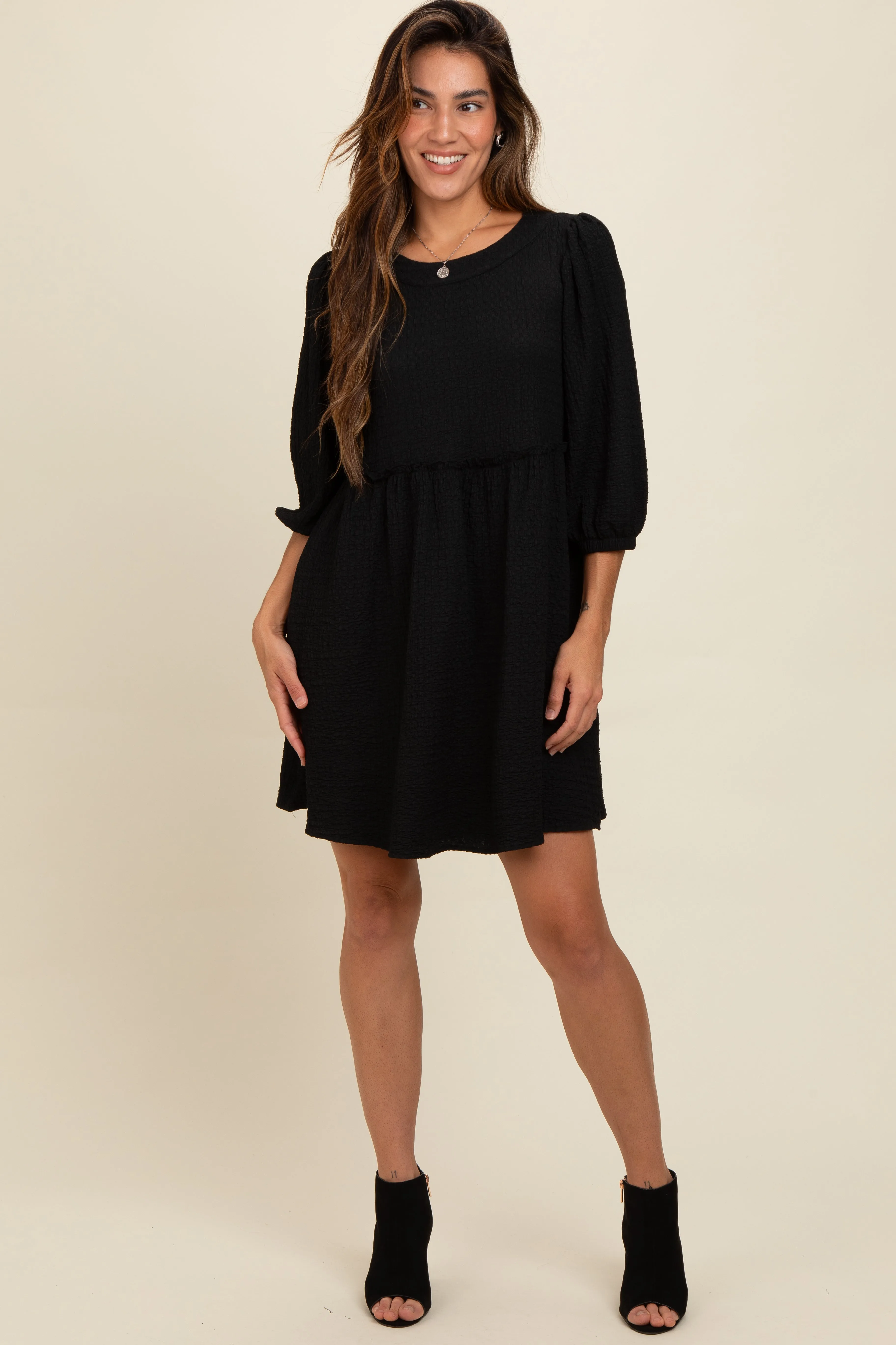 Black Knit Ruffle Trim Dress sold by Pinkblush