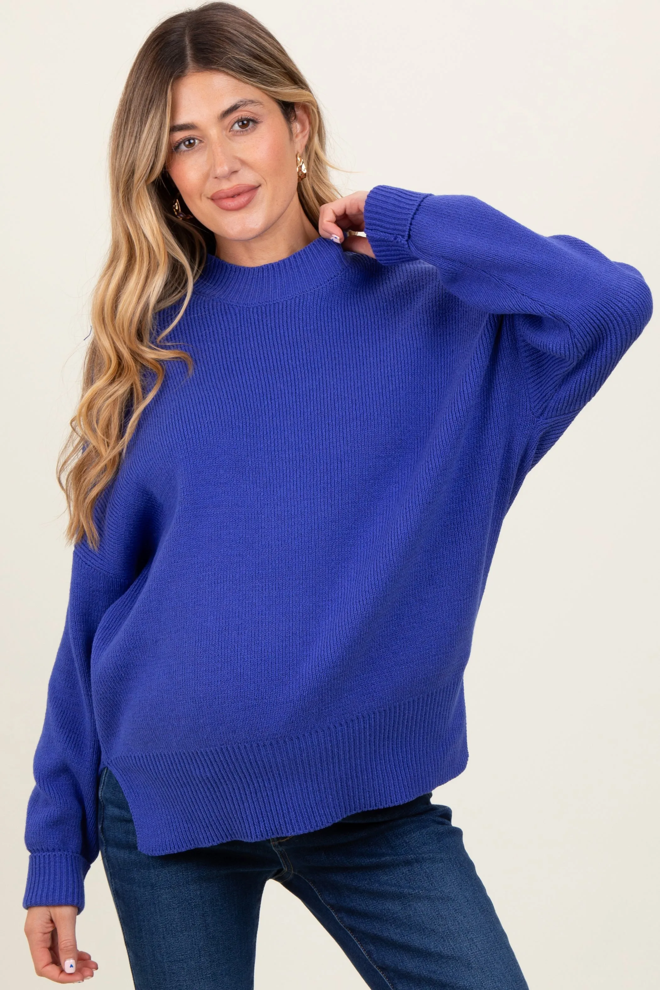 Royal Blue Mock Neck Basic Maternity Sweater sold by Pinkblush