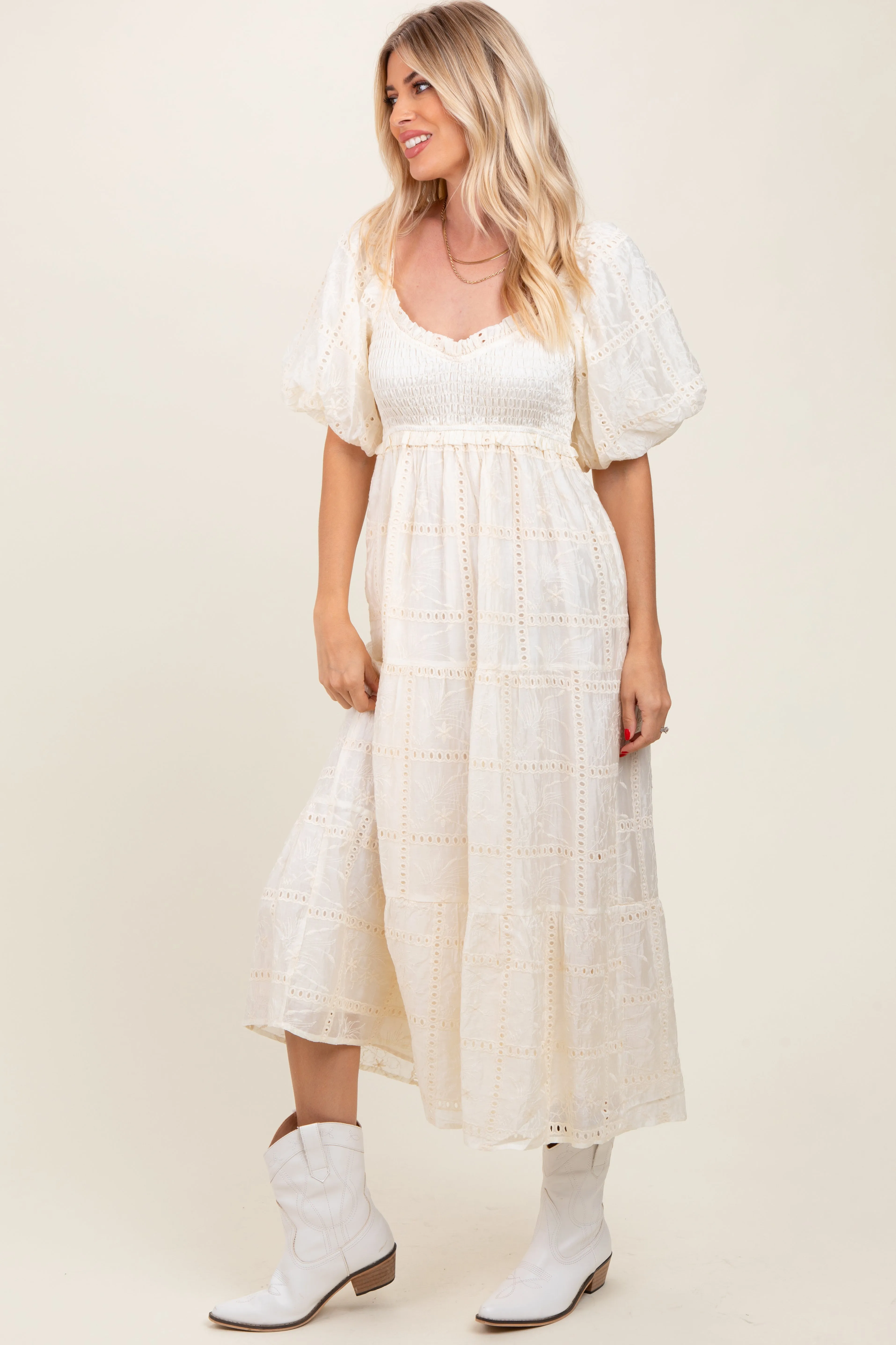 Ivory Smocked Puff Sleeve Maxi Dress sold by Pinkblush