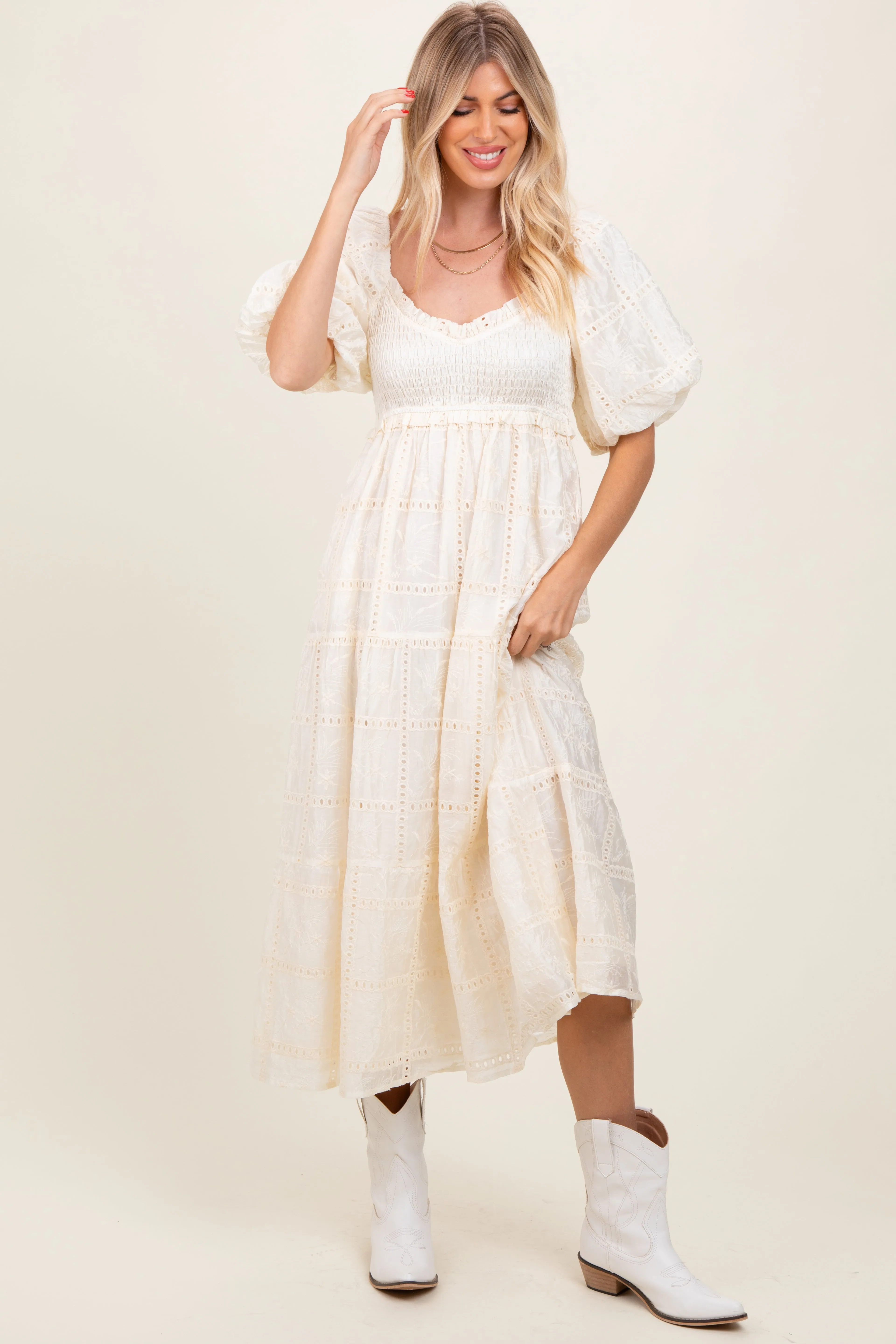 Ivory Smocked Puff Sleeve Maxi Dress sold by Pinkblush product image thumbnail 2