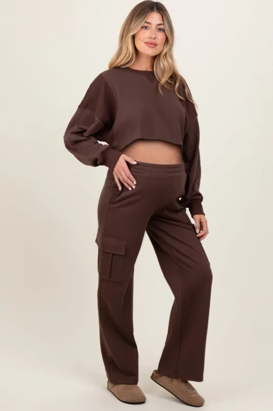 Brown Oversized Crop Sweatshirt Cargo Sweatpant Maternity Set sold by Pinkblush