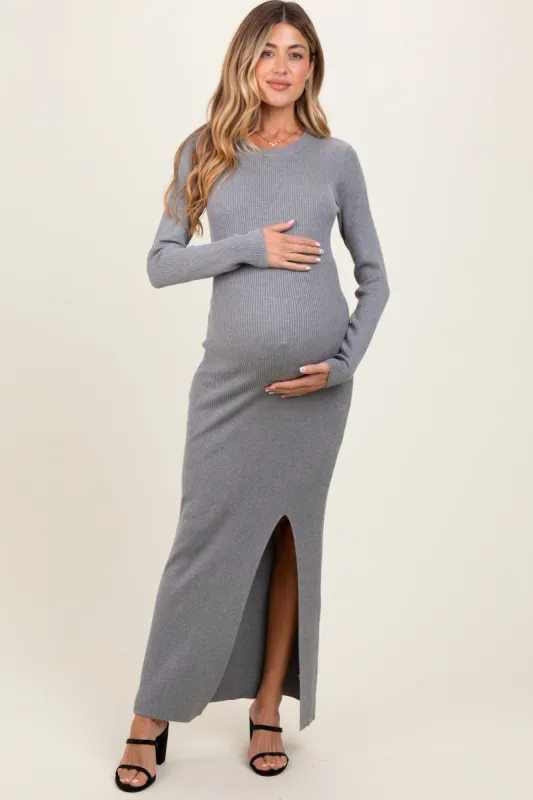 Heather Grey Ribbed Knit Long Sleeve Side Slit Maternity Maxi Dress sold by Pinkblush