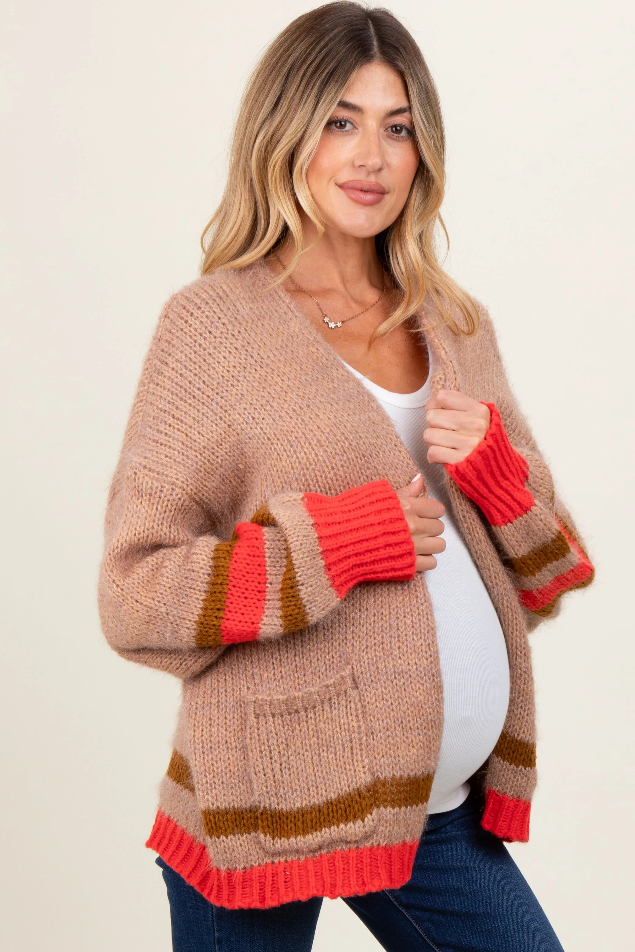 Camel Chunky Knit Stripe Detail Maternity Sweater Cardigan sold by Pinkblush product image thumbnail 3