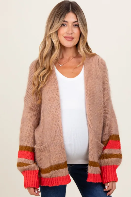 Camel Chunky Knit Stripe Detail Maternity Sweater Cardigan sold by Pinkblush