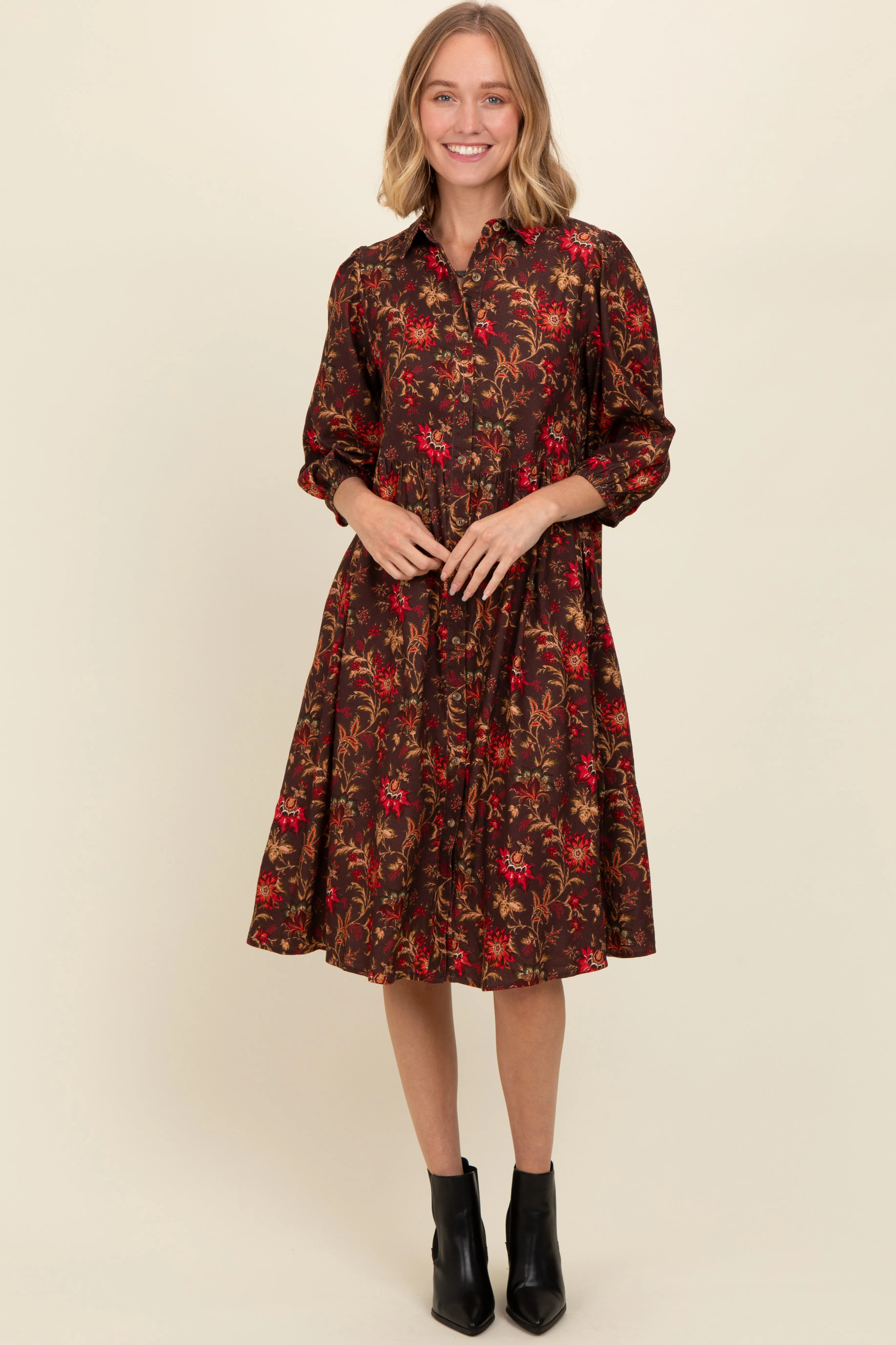 Brown Floral Button Down Midi Dress sold by Pinkblush product image thumbnail 2