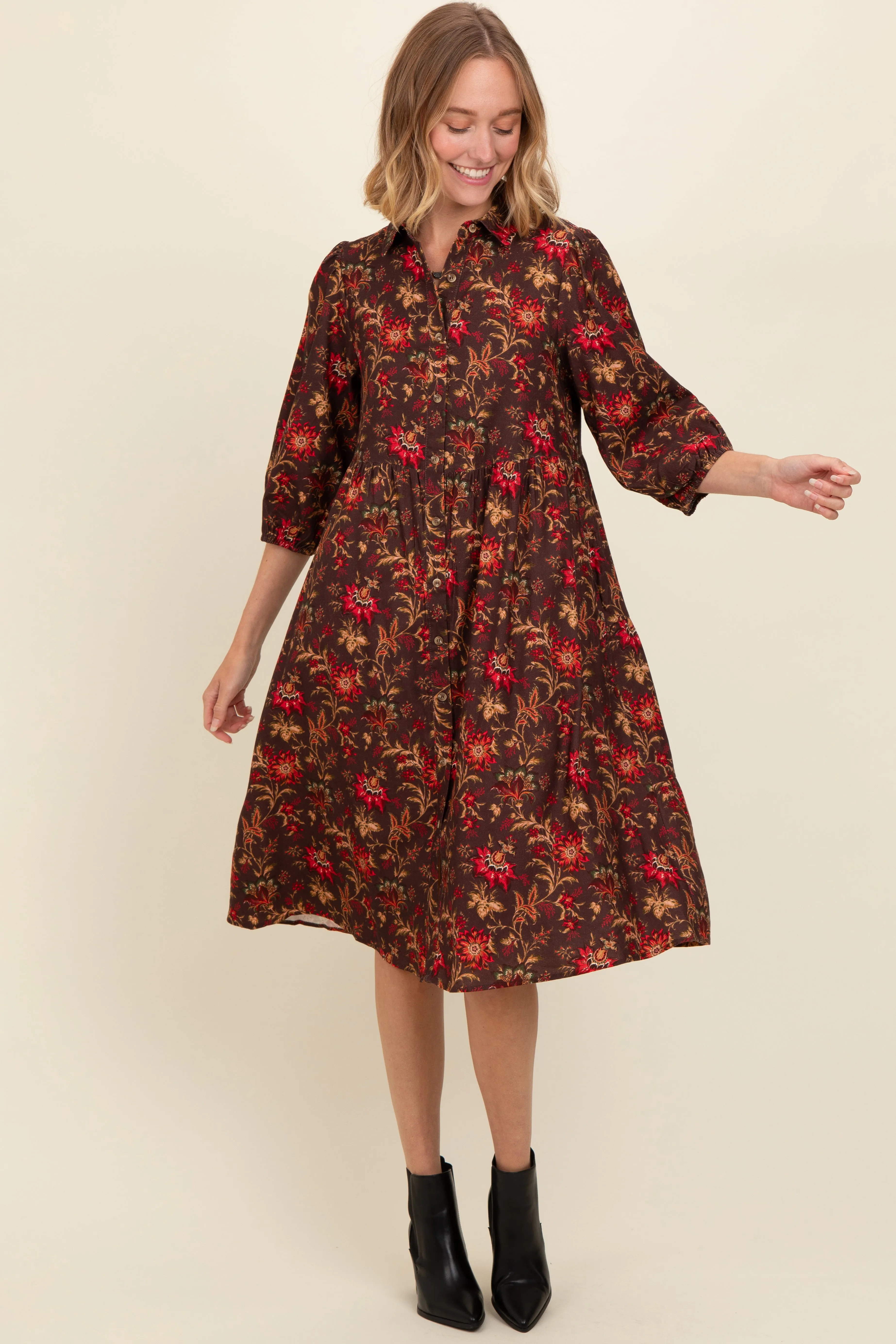 Brown Floral Button Down Midi Dress sold by Pinkblush