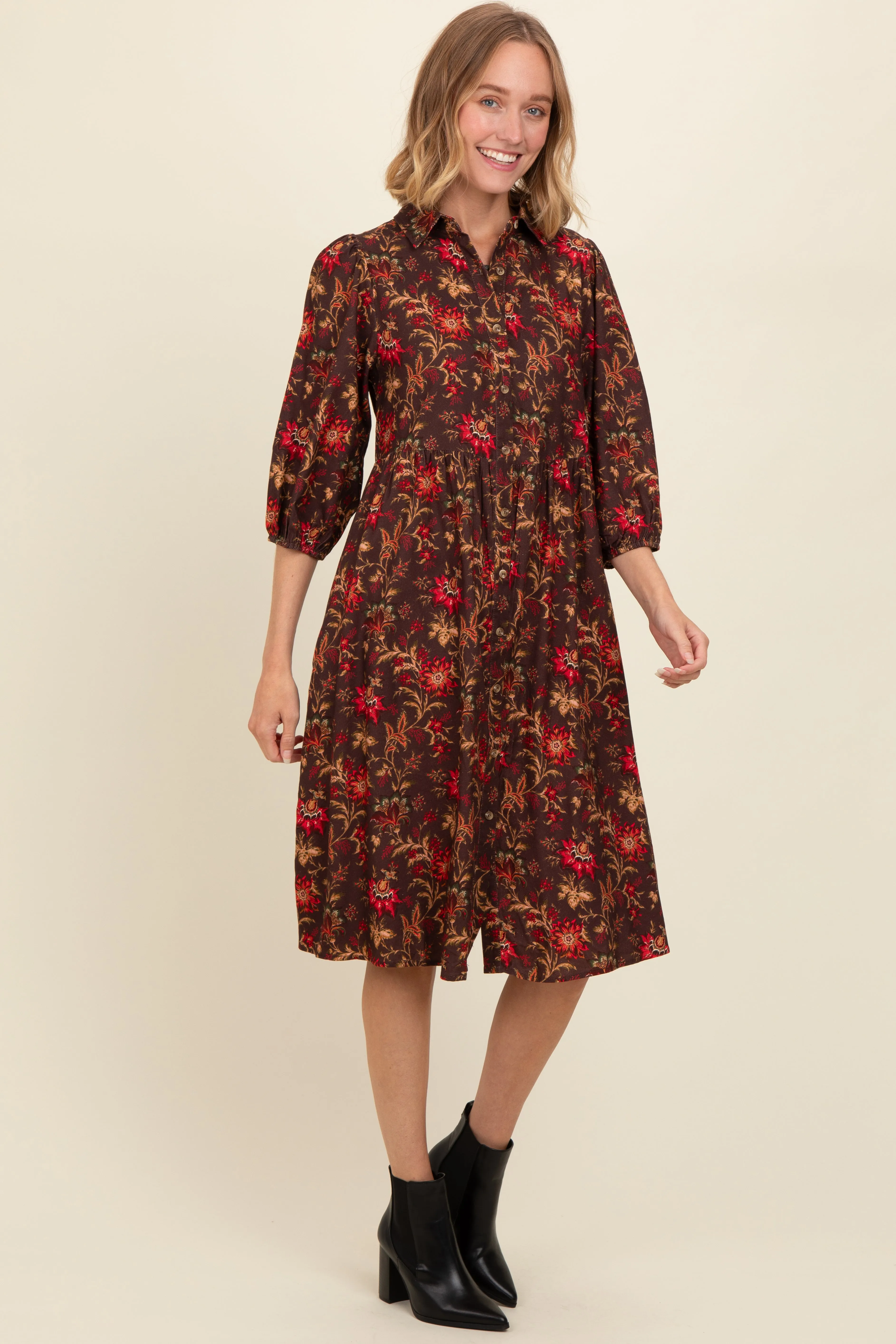 Brown Floral Button Down Midi Dress sold by Pinkblush product image thumbnail 3