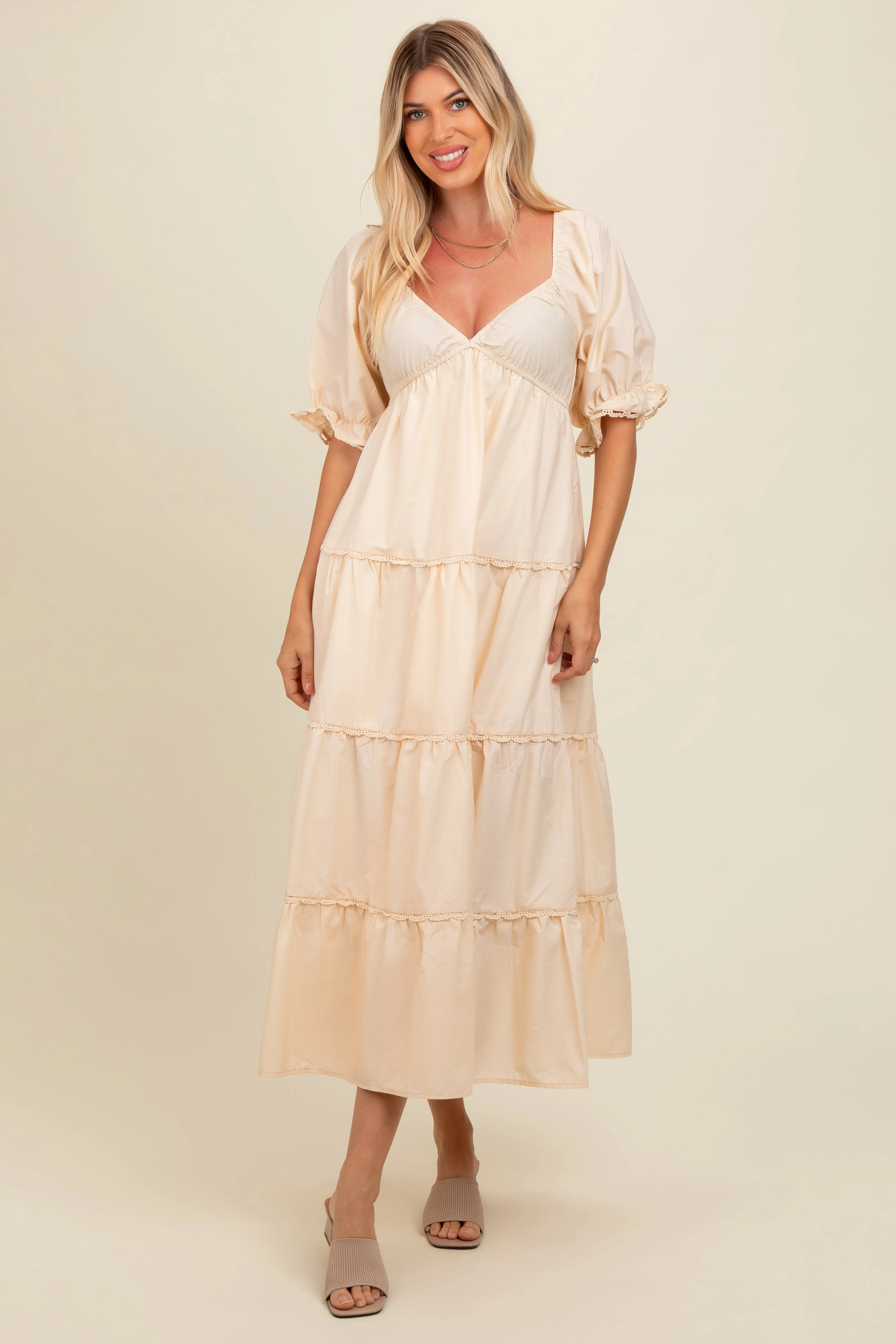 Cream Deep V-Neck Tiered Maxi Dress sold by Pinkblush