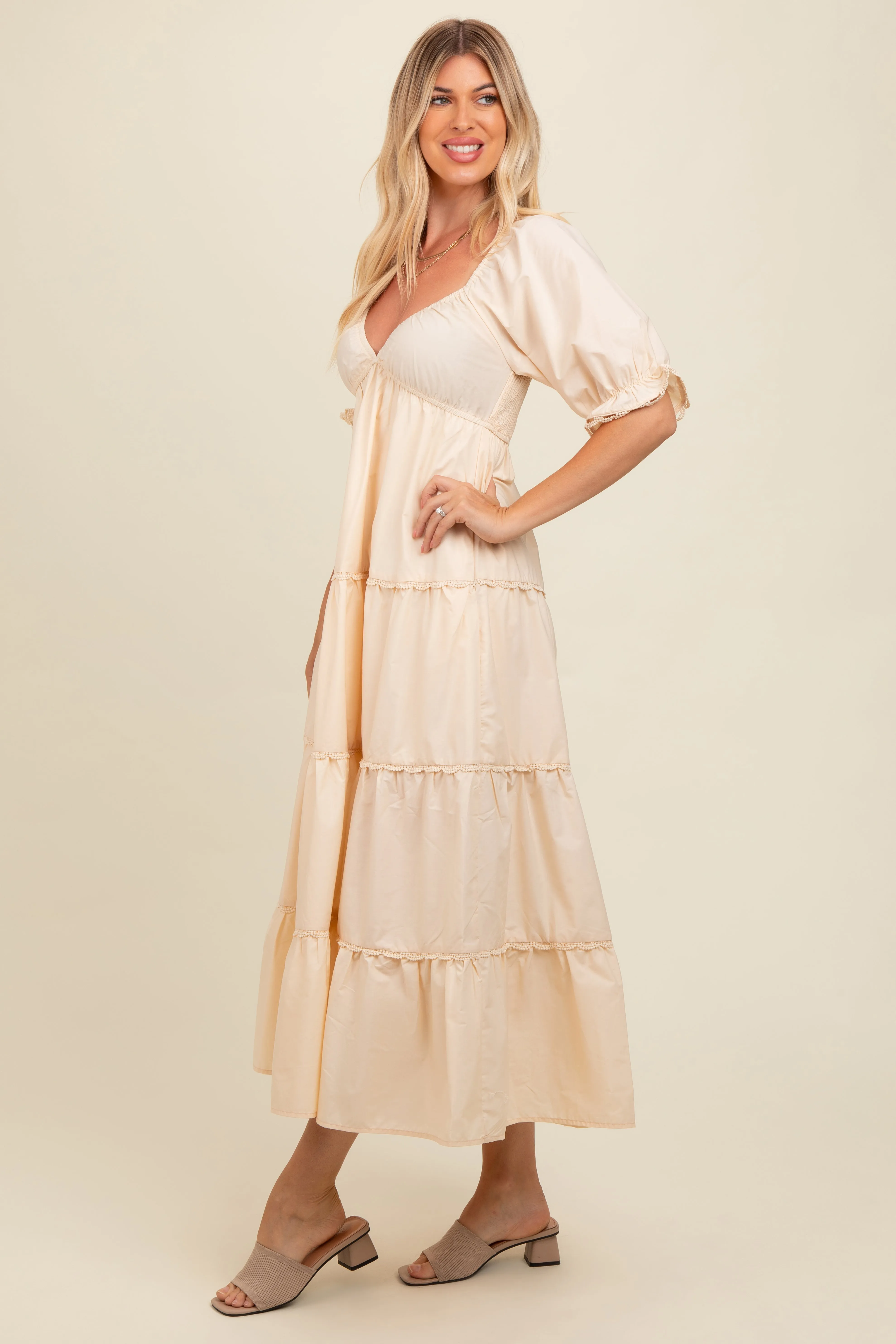 Cream Deep V-Neck Tiered Maxi Dress sold by Pinkblush product image thumbnail 2