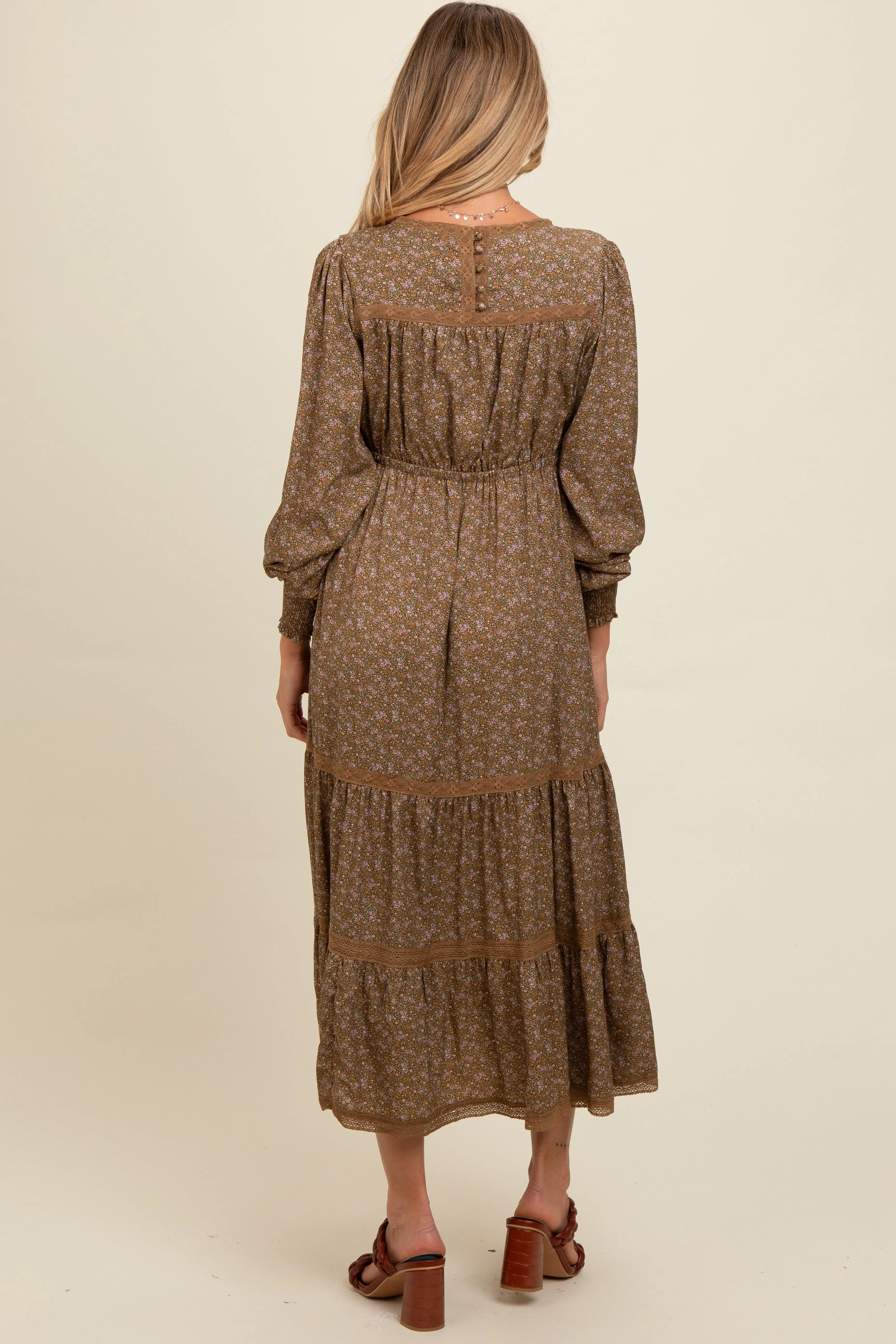 Mocha Floral Lace Trim Bubble Sleeve Maternity Maxi Dress sold by Pinkblush product image thumbnail 4