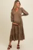 Mocha Floral Lace Trim Bubble Sleeve Maternity Maxi Dress sold by Pinkblush