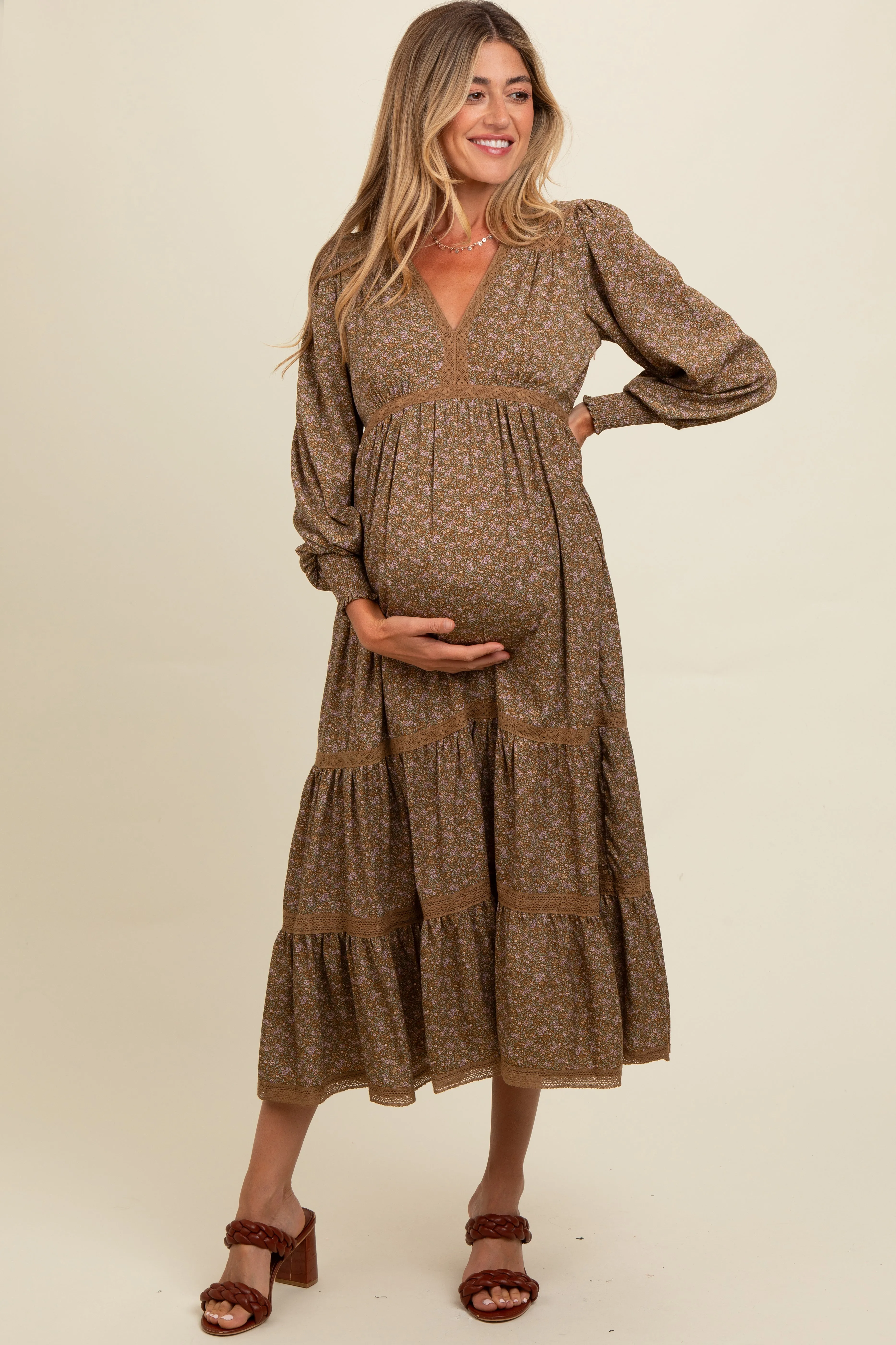 Mocha Floral Lace Trim Bubble Sleeve Maternity Maxi Dress sold by Pinkblush product image thumbnail 2