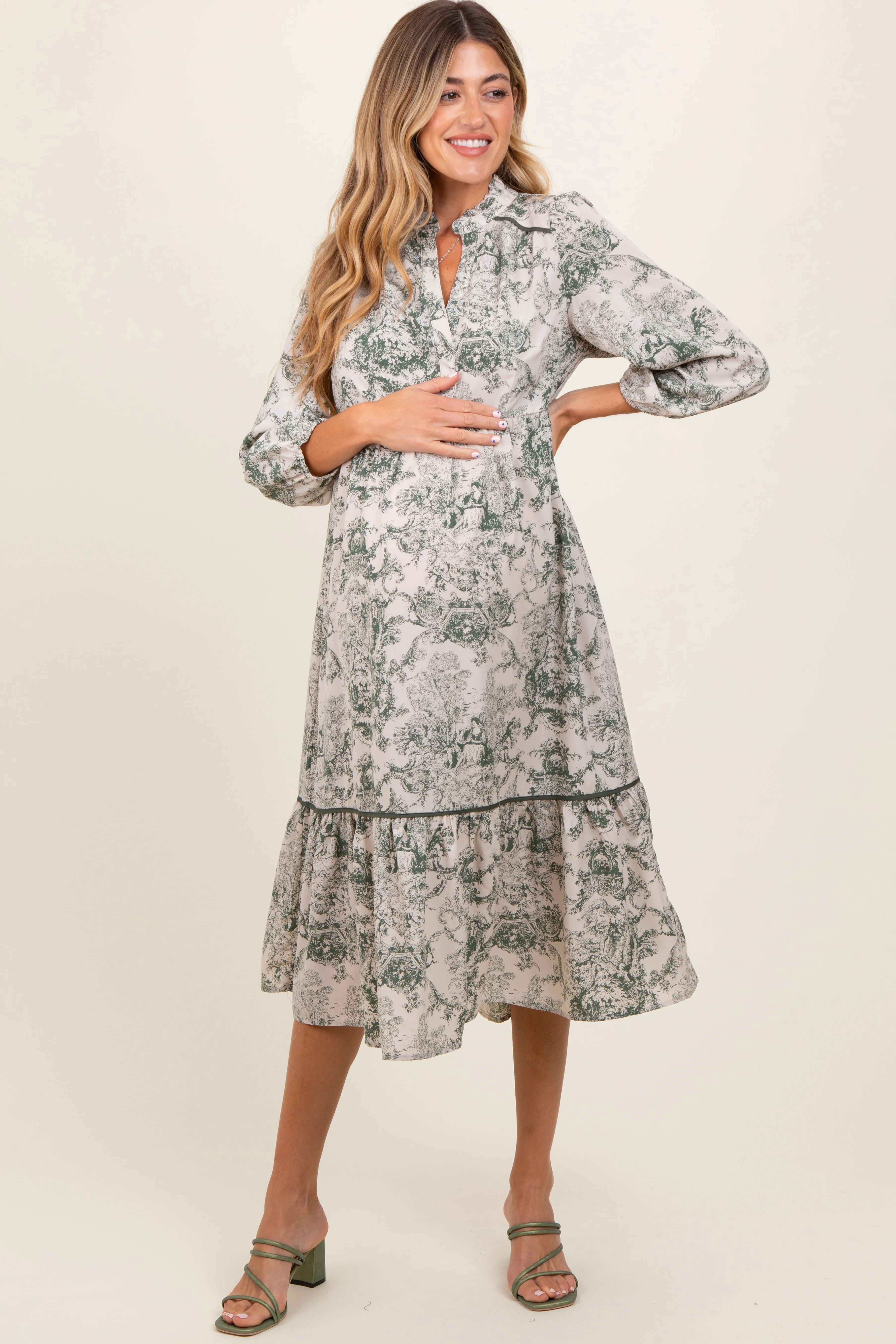Forest Green Printed Split Ruffle Collar Maternity Midi Dress sold by Pinkblush