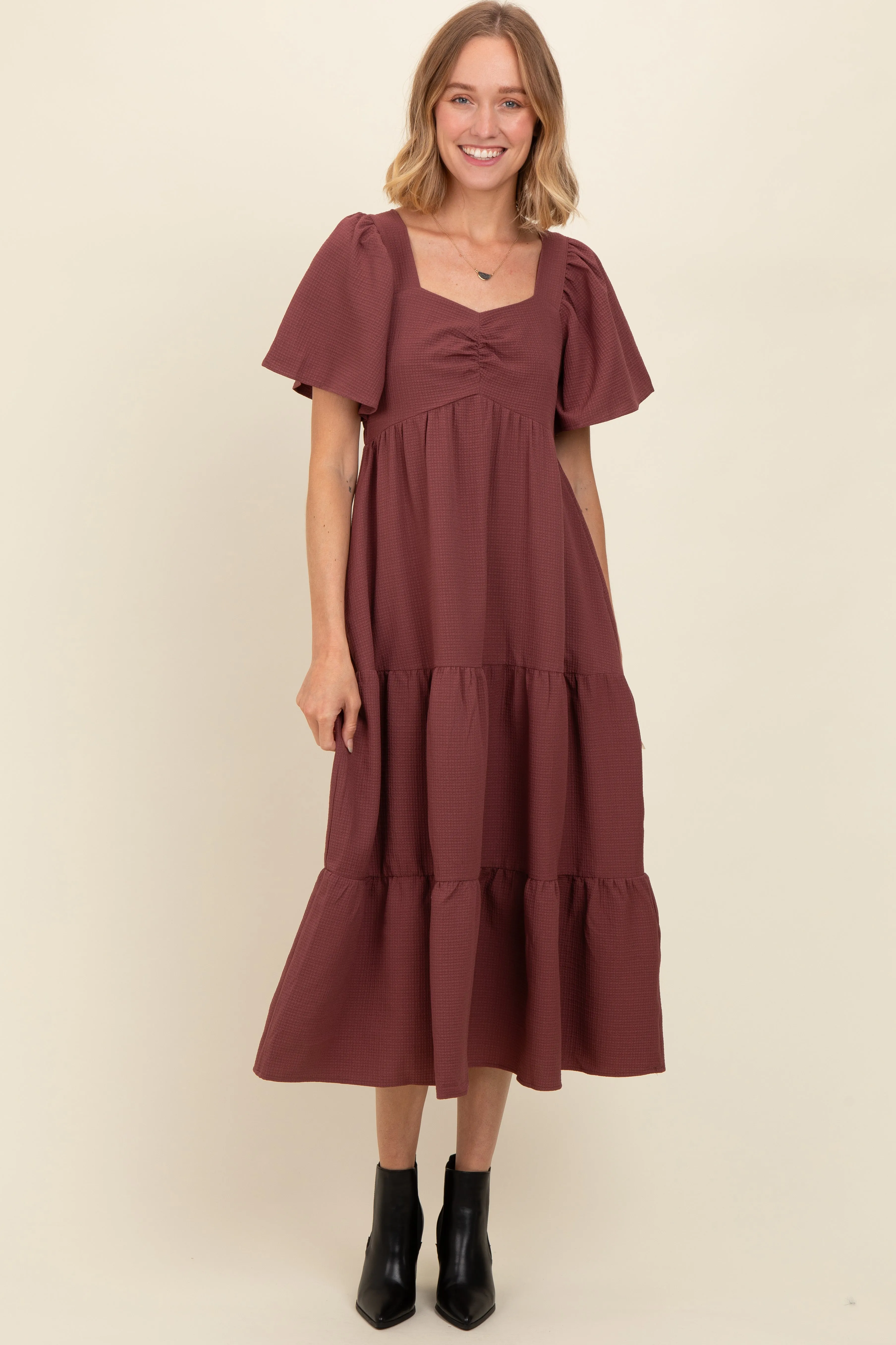 Burgundy Sweetheart Neck Short Puff Sleeve Tiered Midi Dress sold by Pinkblush