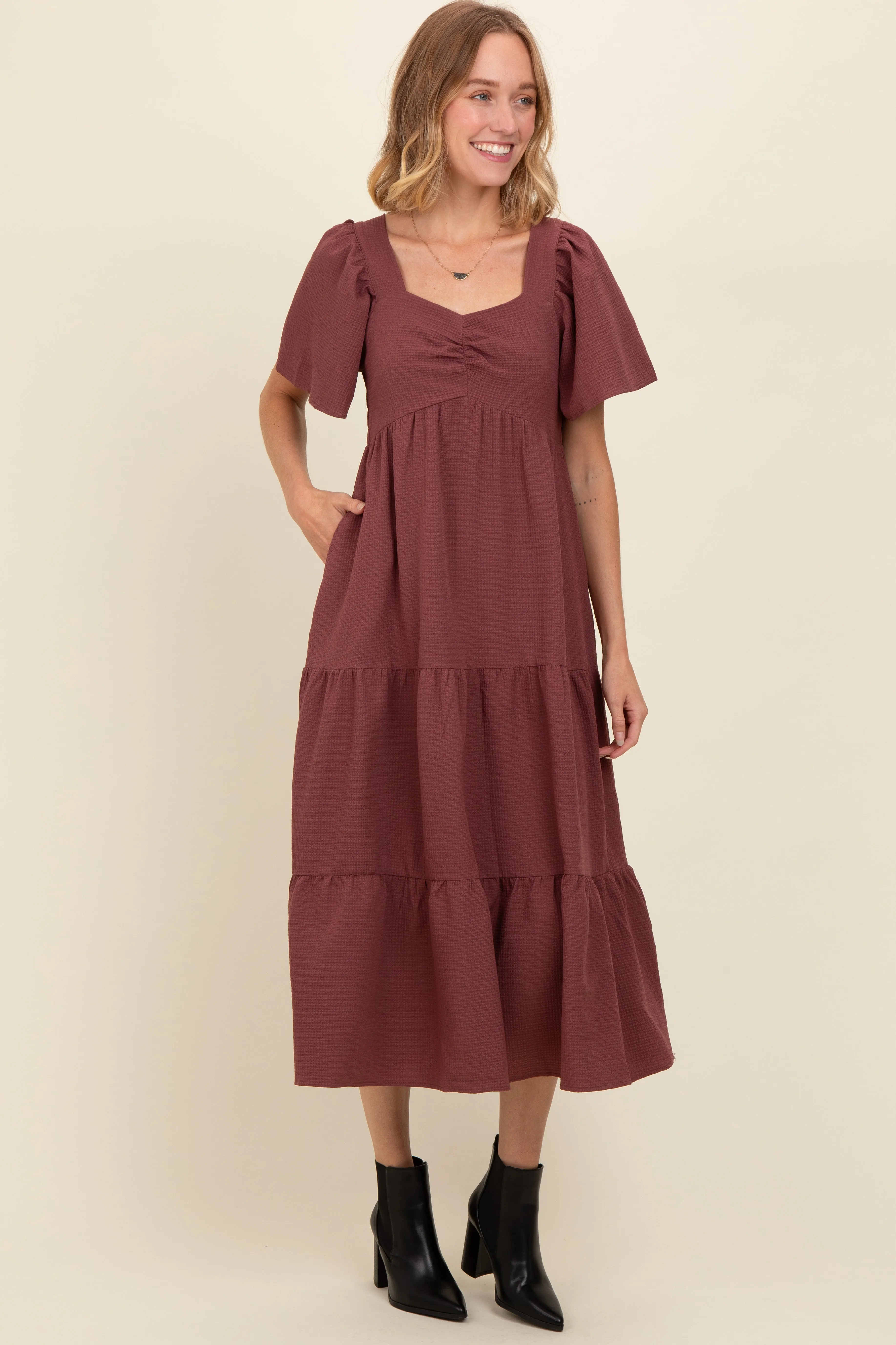 Burgundy Sweetheart Neck Short Puff Sleeve Tiered Midi Dress sold by Pinkblush product image thumbnail 2