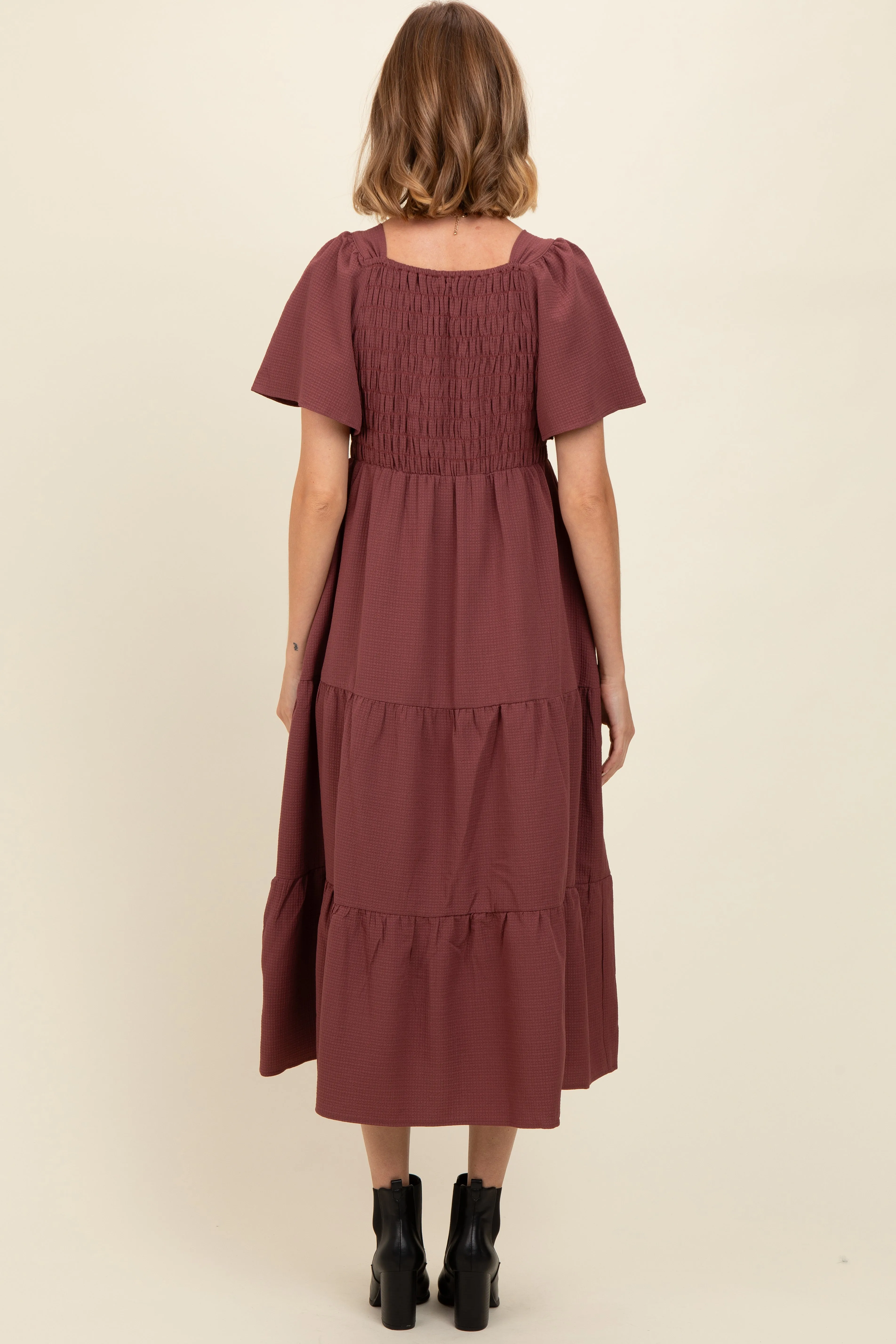 Burgundy Sweetheart Neck Short Puff Sleeve Tiered Midi Dress sold by Pinkblush product image thumbnail 3