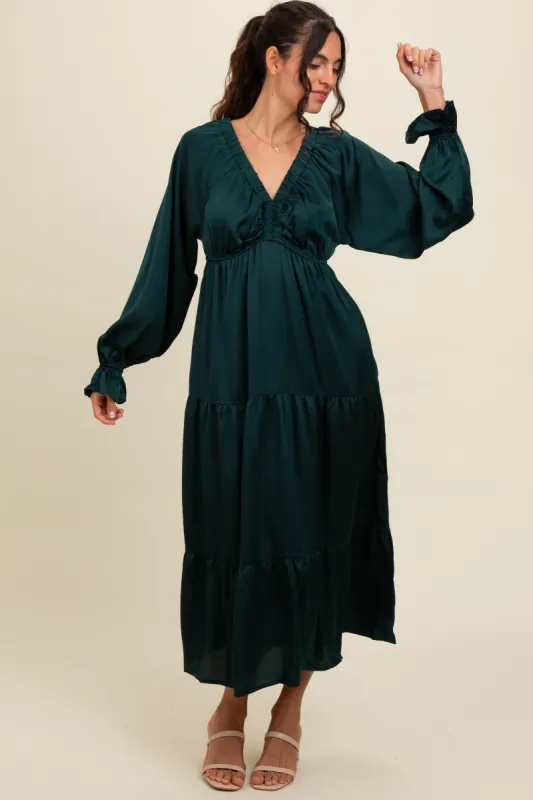 Forest Green Satin V-Neck Tiered Maxi Dress sold by Pinkblush