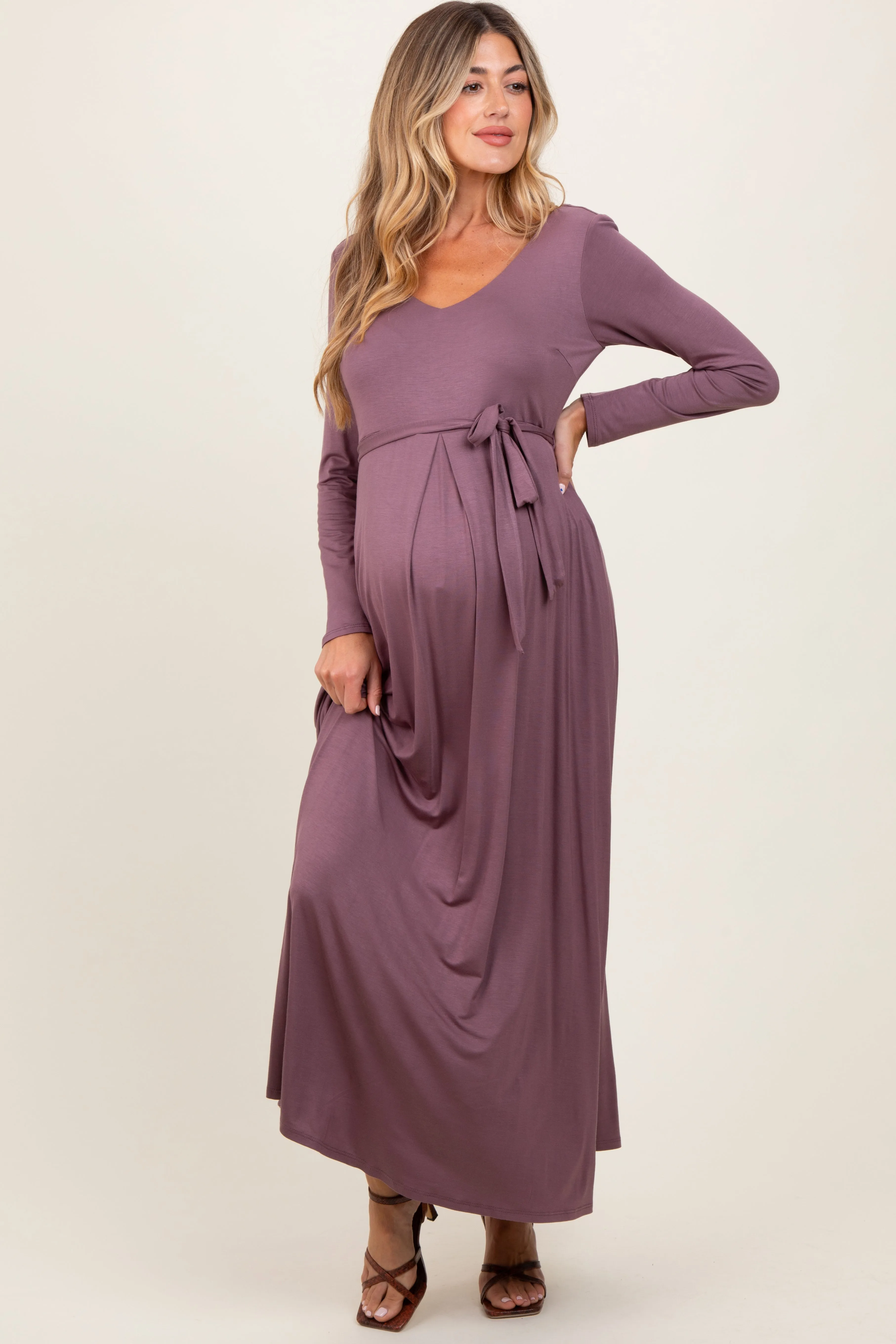 Mauve V-Neck Long Sleeve Sash Tie Maternity Maxi Dress sold by Pinkblush product image thumbnail 2
