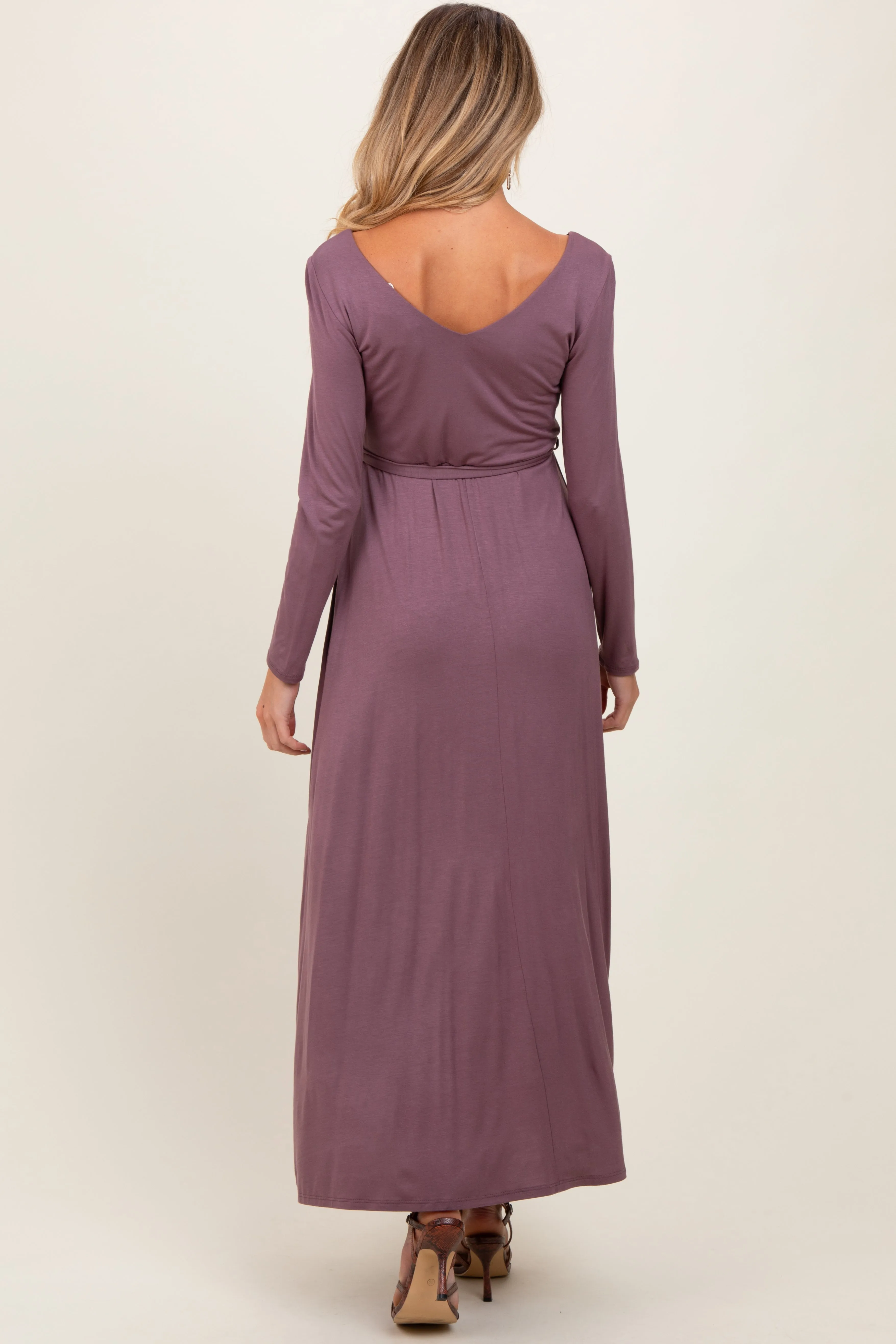 Mauve V-Neck Long Sleeve Sash Tie Maternity Maxi Dress sold by Pinkblush product image thumbnail 3